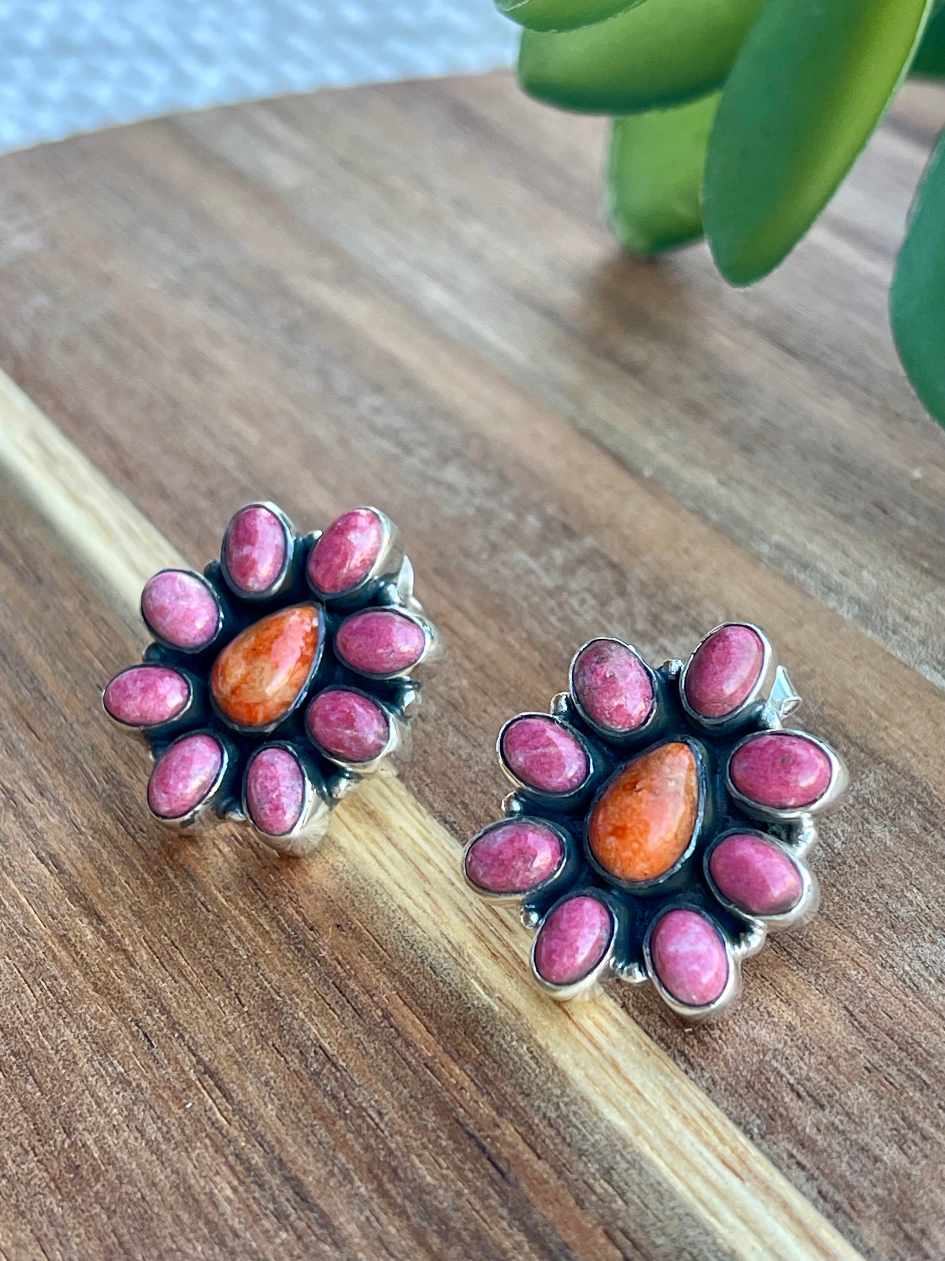 Handmade Orange Mojave, Rhodonite and Sterling Silver Post Earrings Signed Nizhoni