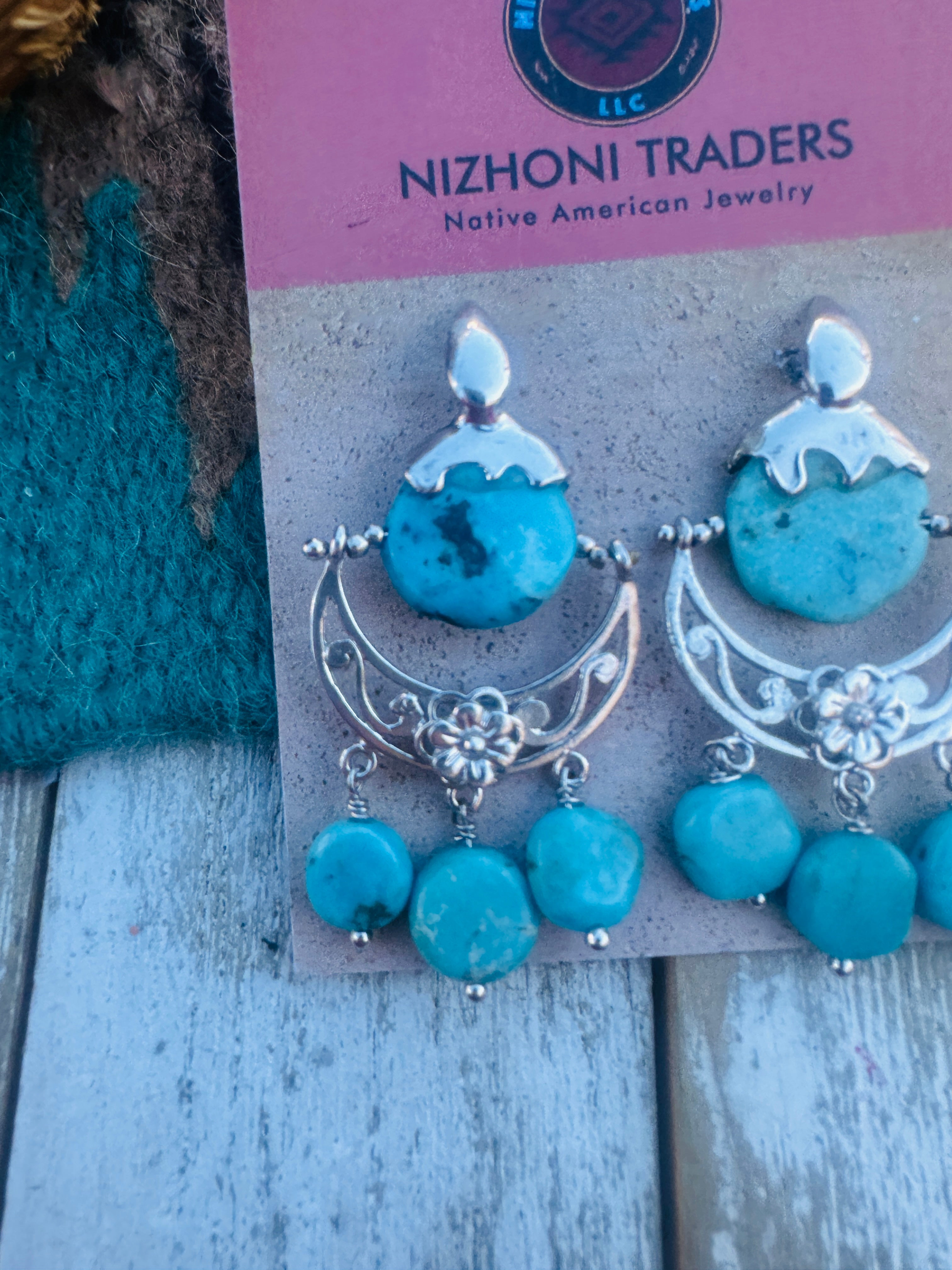 Handcrafted Turquoise & Sterling Silver Flower Dangle Earrings