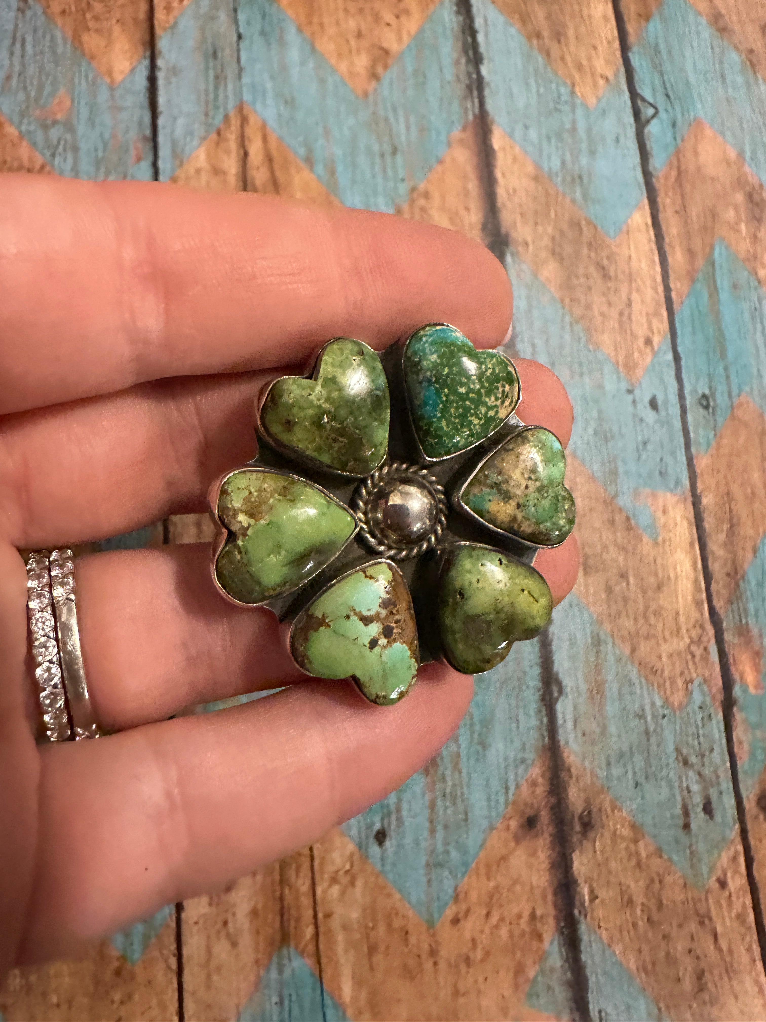 Beautiful Handmade Sonoran Mountain Turquoise And Sterling Silver Heart Adjustable Ring