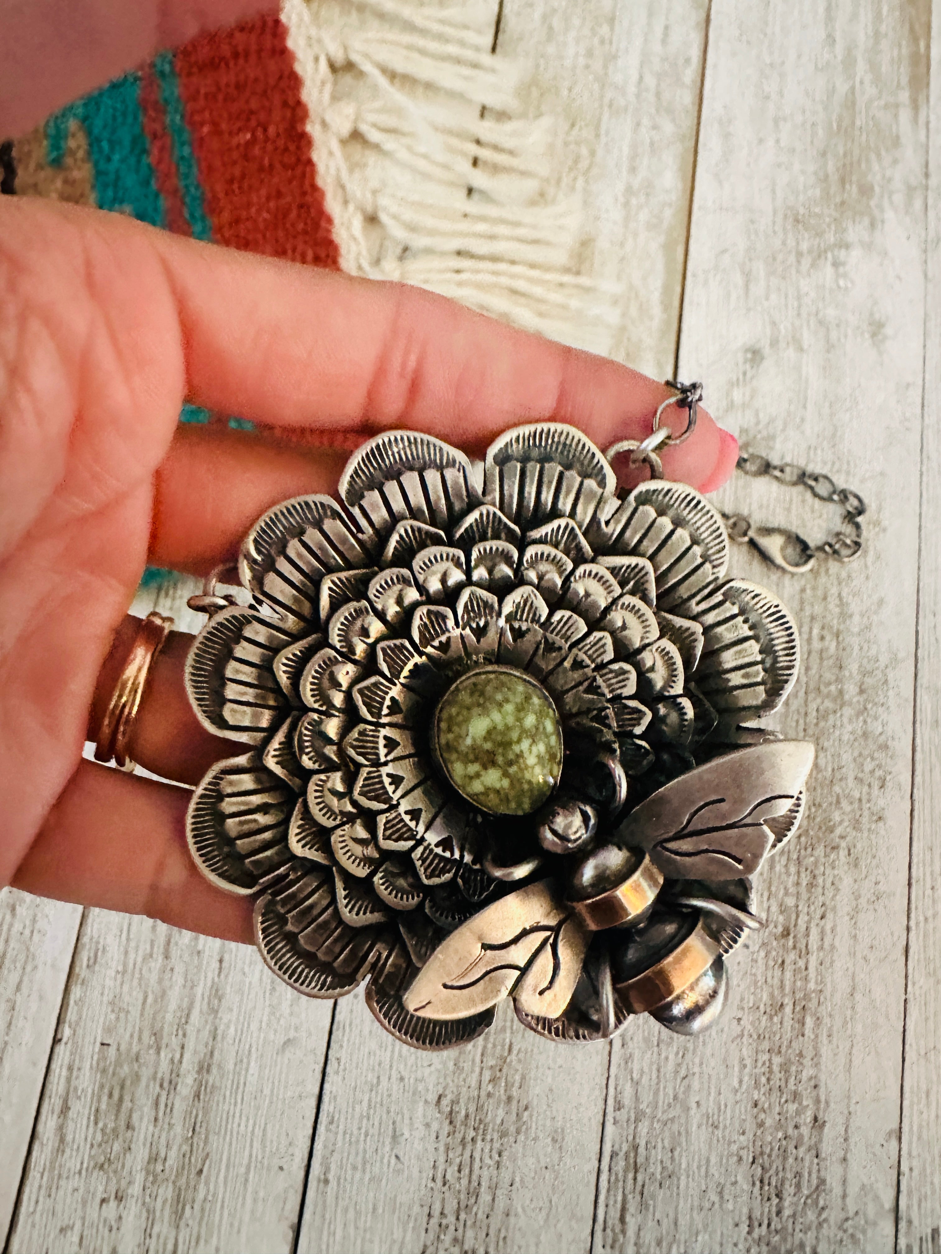 Handcrafted Sterling Silver and Turquoise Sunflower Necklace with Bee by Russell Sam