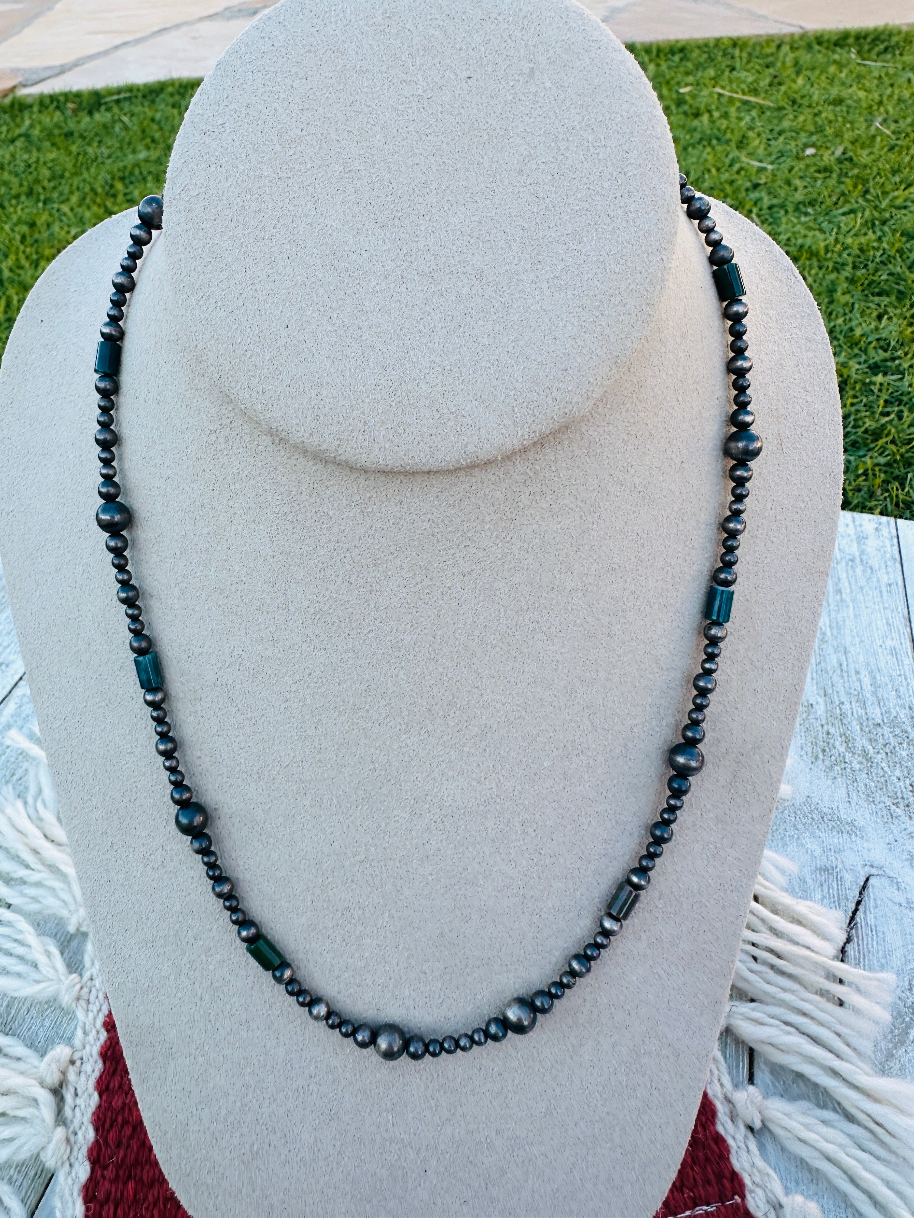 Handcrafted Sterling Silver Pearl & Lapis 18” Beaded Necklace