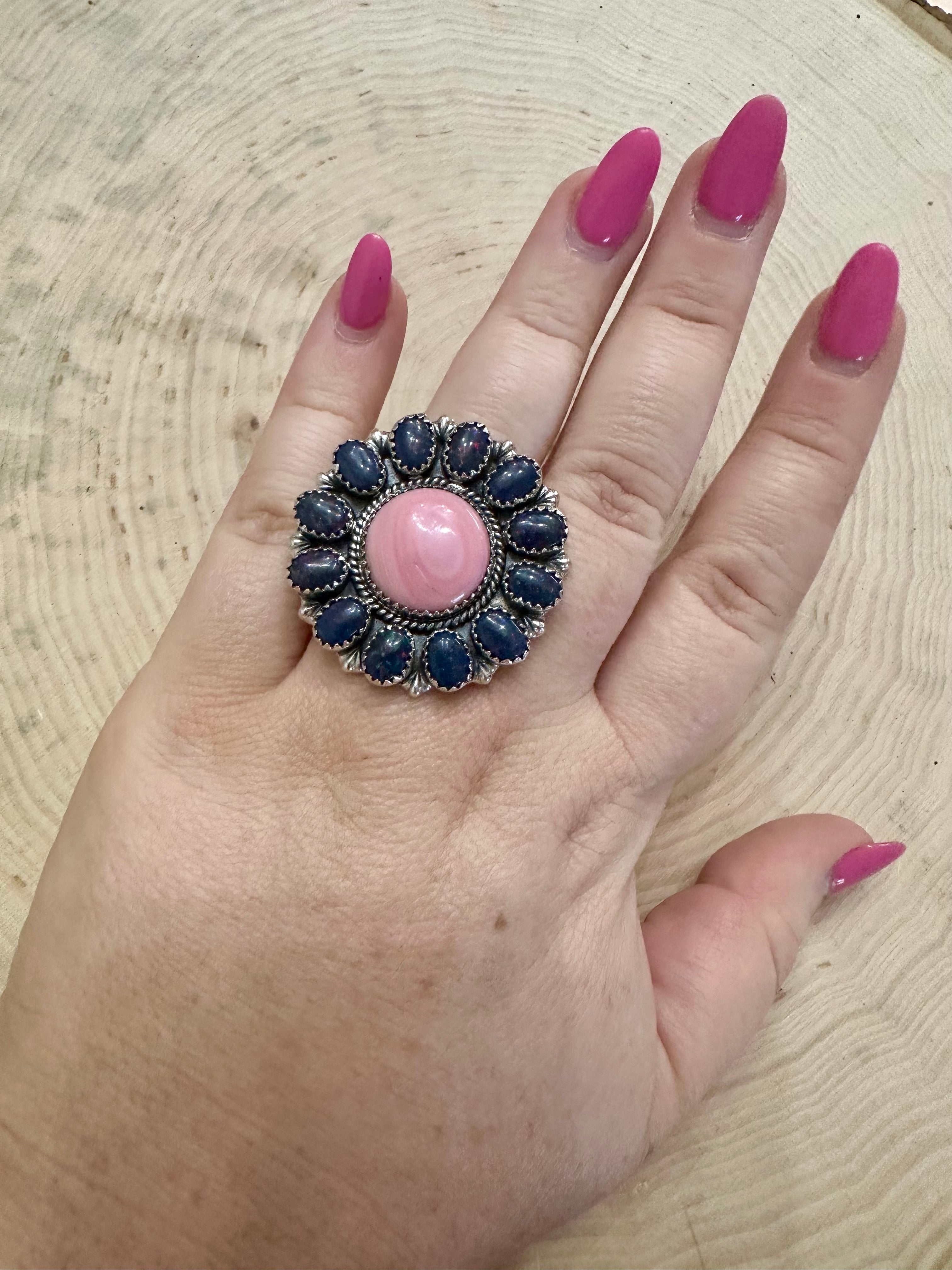 Handmade Pink Conch, Navy Fire Opal And Sterling Silver Adjustable Ring Signed Nizhoni