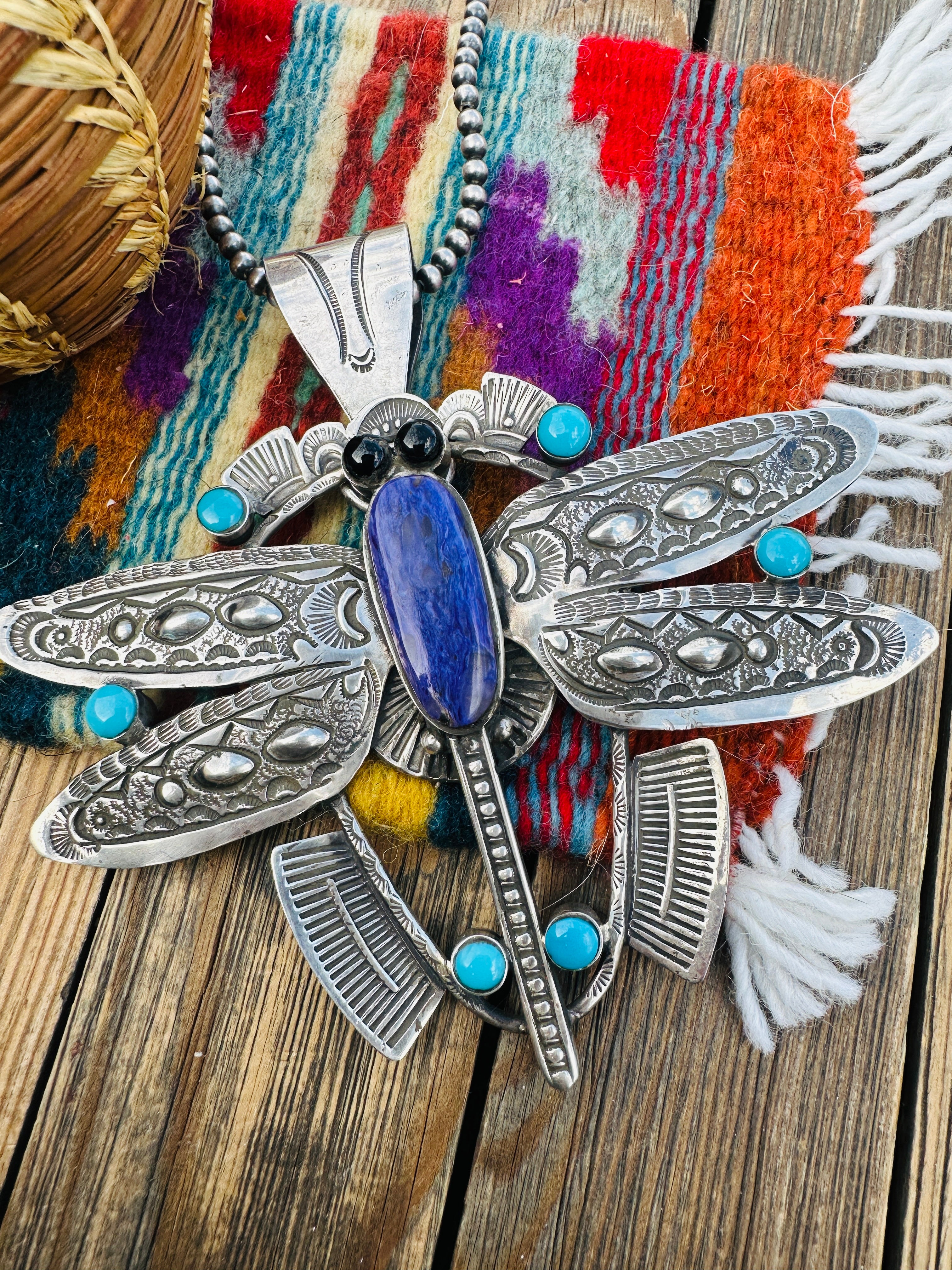 Handcrafted Sterling Silver, Charoite, Turquoise & Onyx Dragonfly Pendant