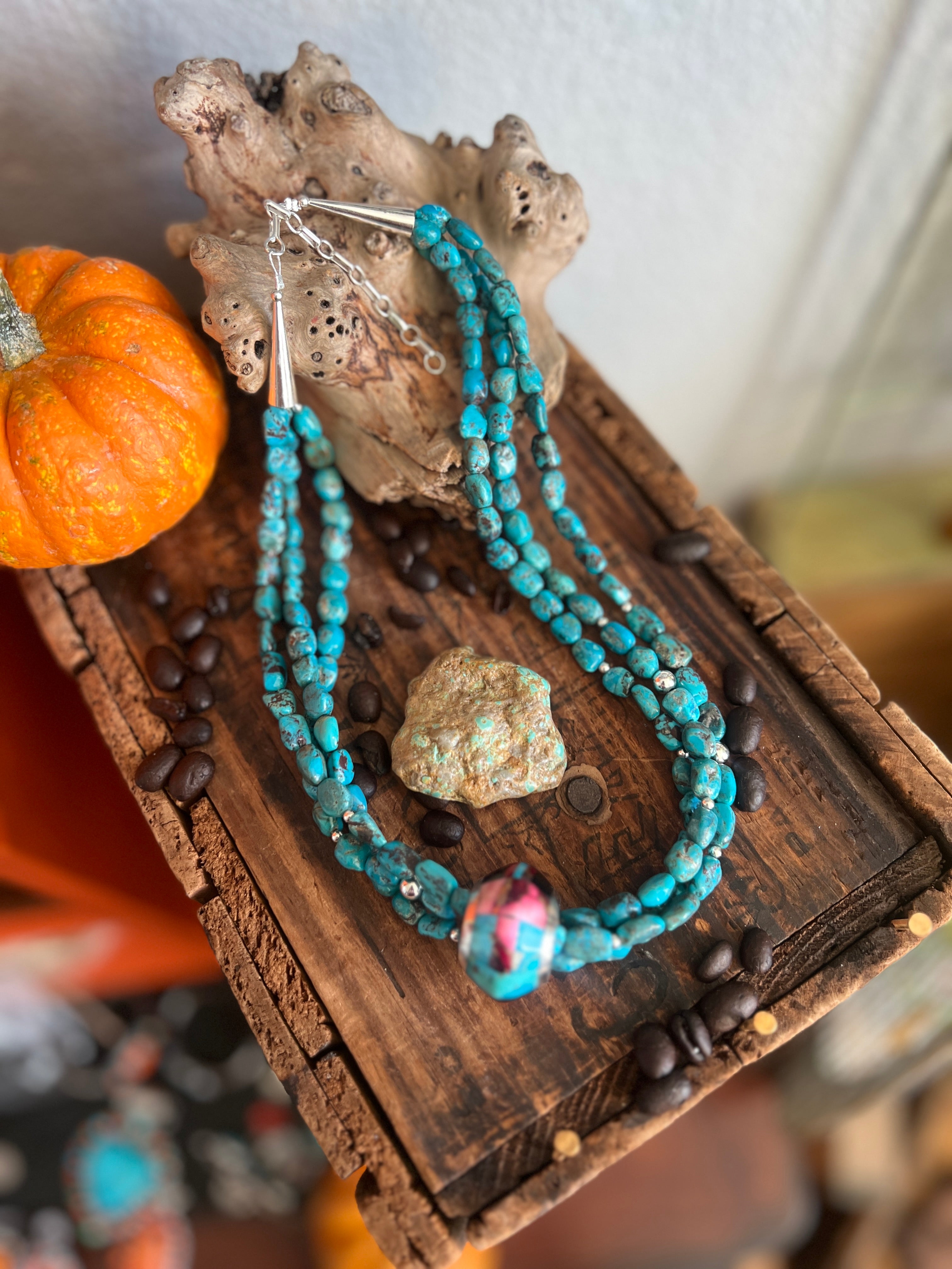 Daniel Coriz Triple Strand Turquoise and Sterling Beaded Necklace w/ Removable Sterling Silver & Stone Inlay Bead