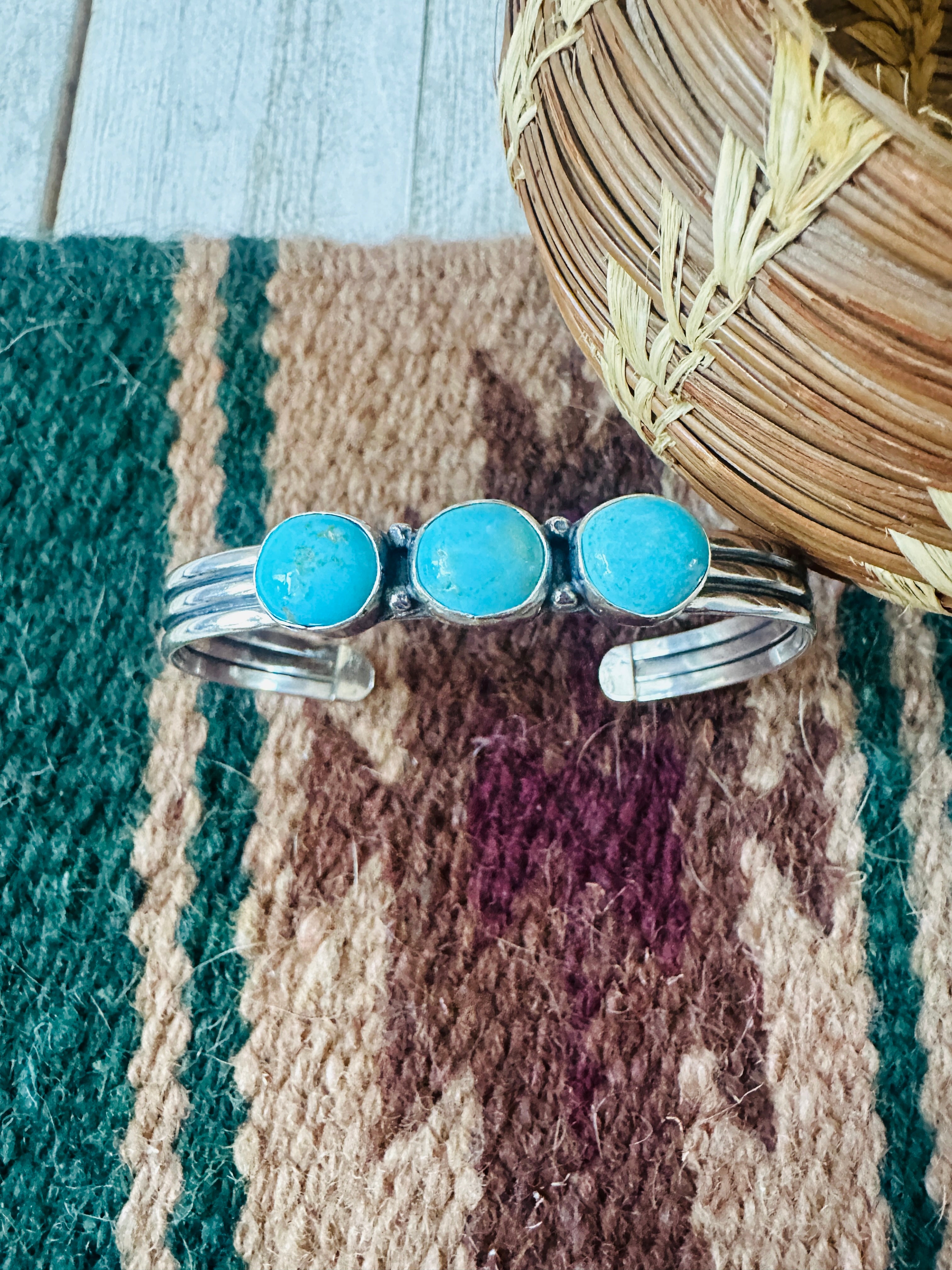 Navajo Turquoise & Sterling Silver 3-Stone Cuff Bracelet