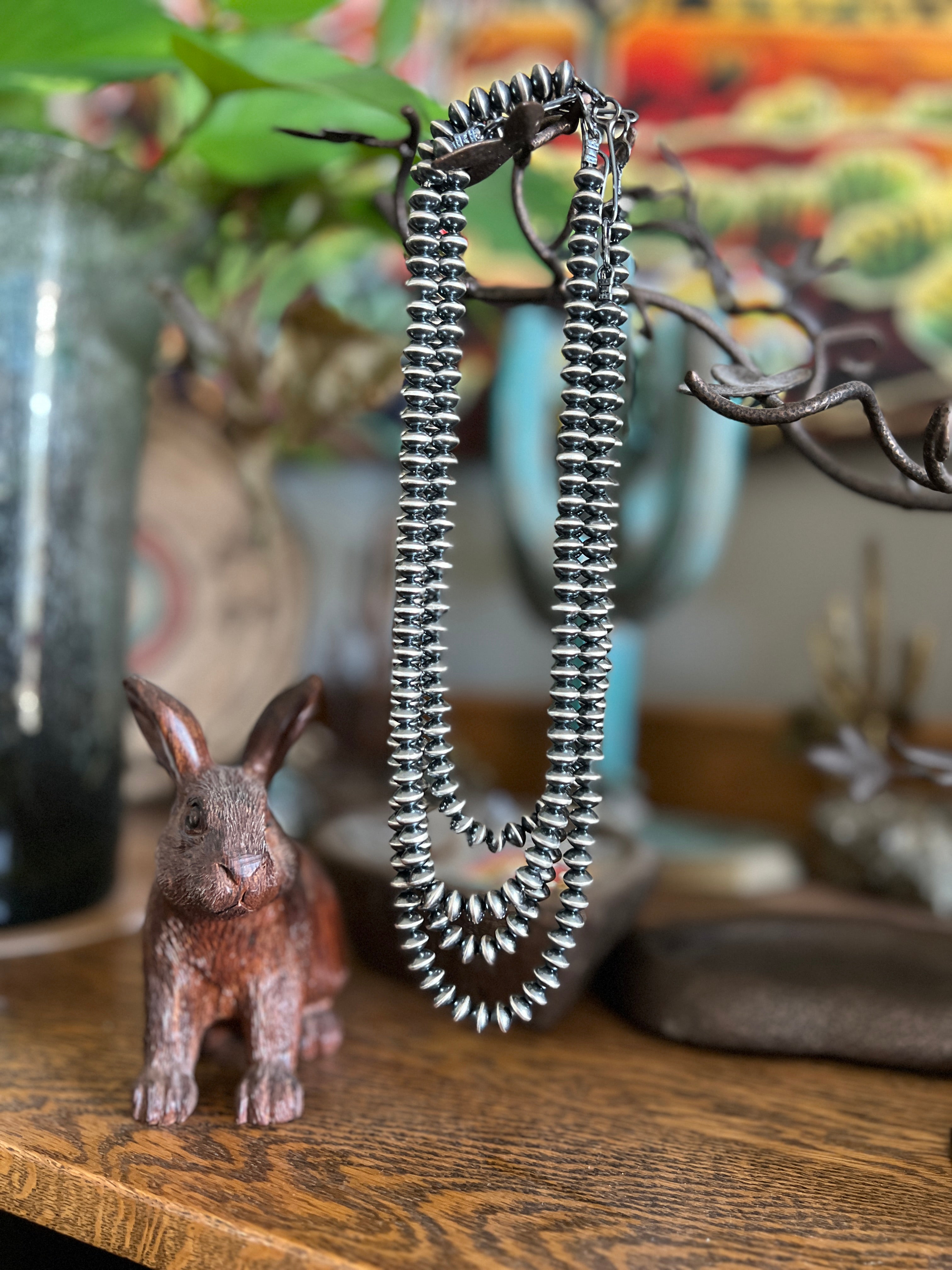 Vinita Cowboy Handmade 8mm Sterling Silver Saucer Pearl Beaded Necklaces