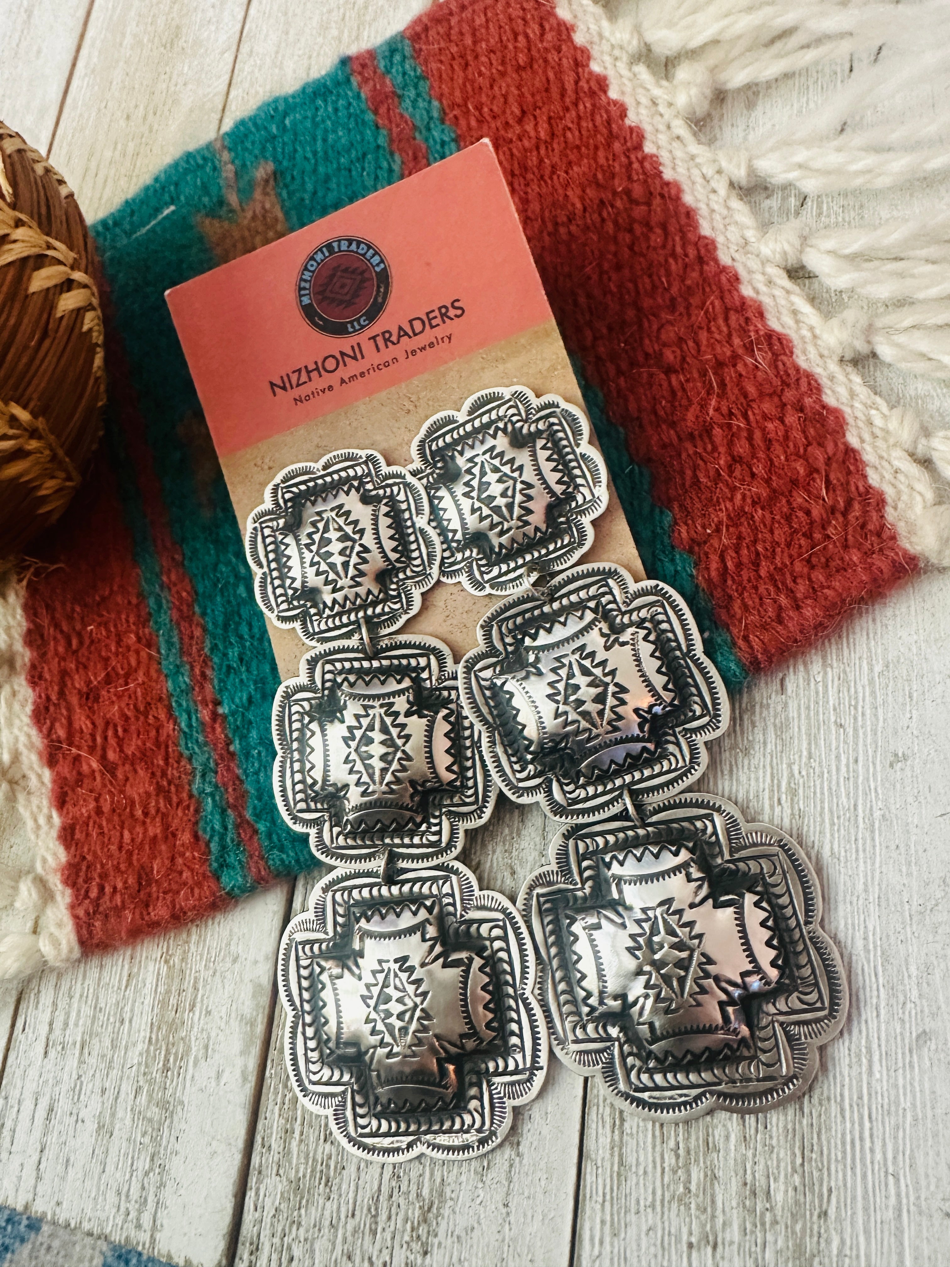 Handcrafted Sterling Silver Concho Dangle Earrings by Leander Tahe