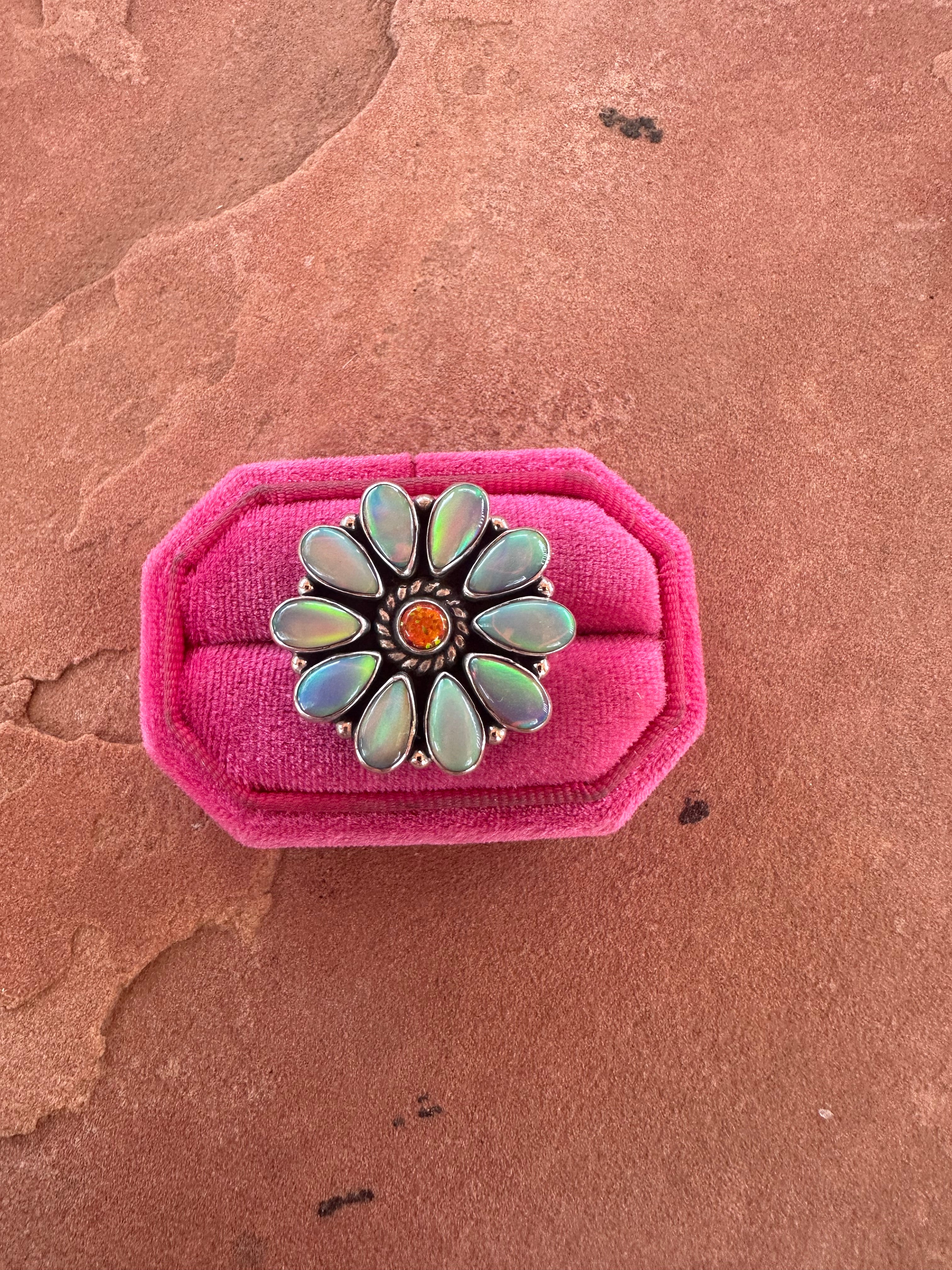 Beautiful Handmade Pink Opal, Orange Fire Opal And Sterling Silver Adjustable Flower Ring