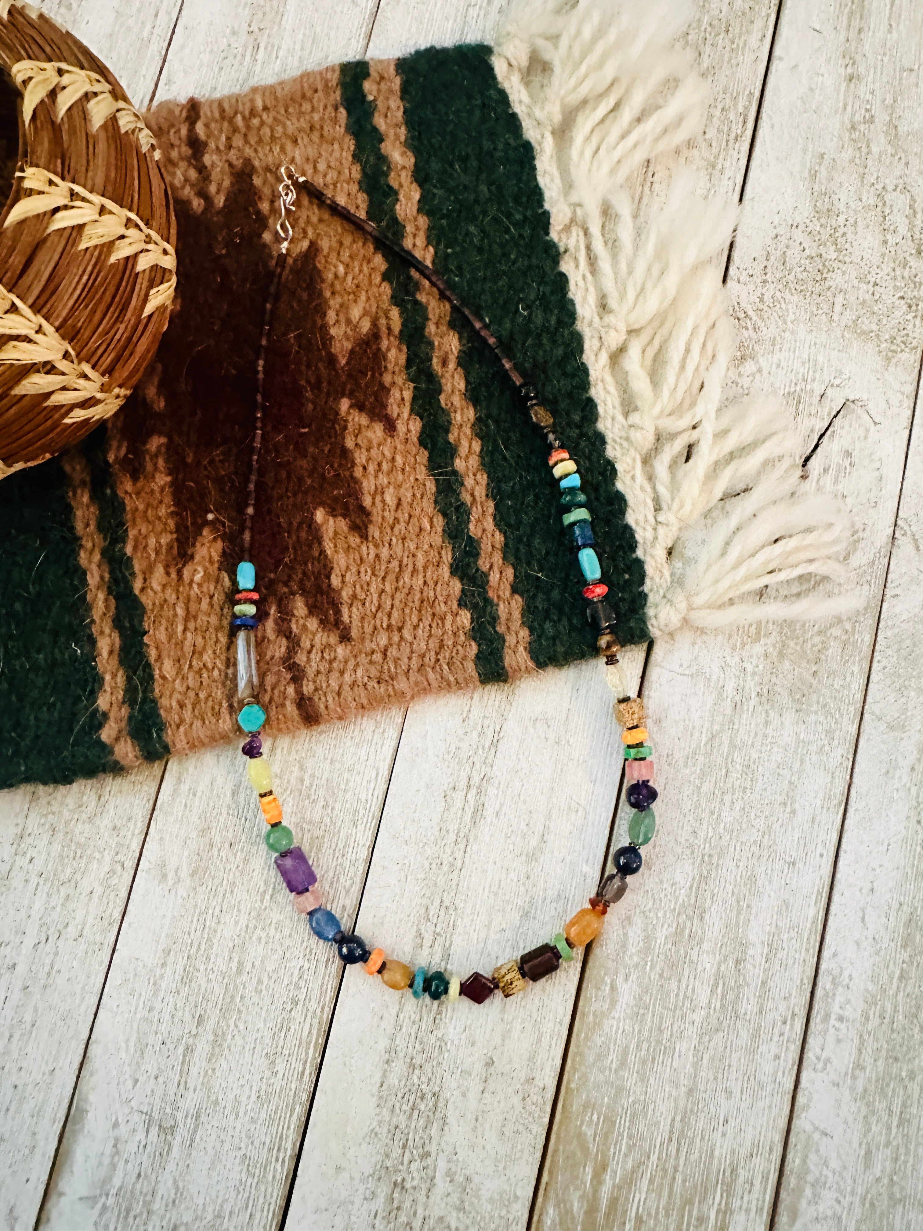 Navajo Multi Stone Sterling Silver Beaded 18 Necklace