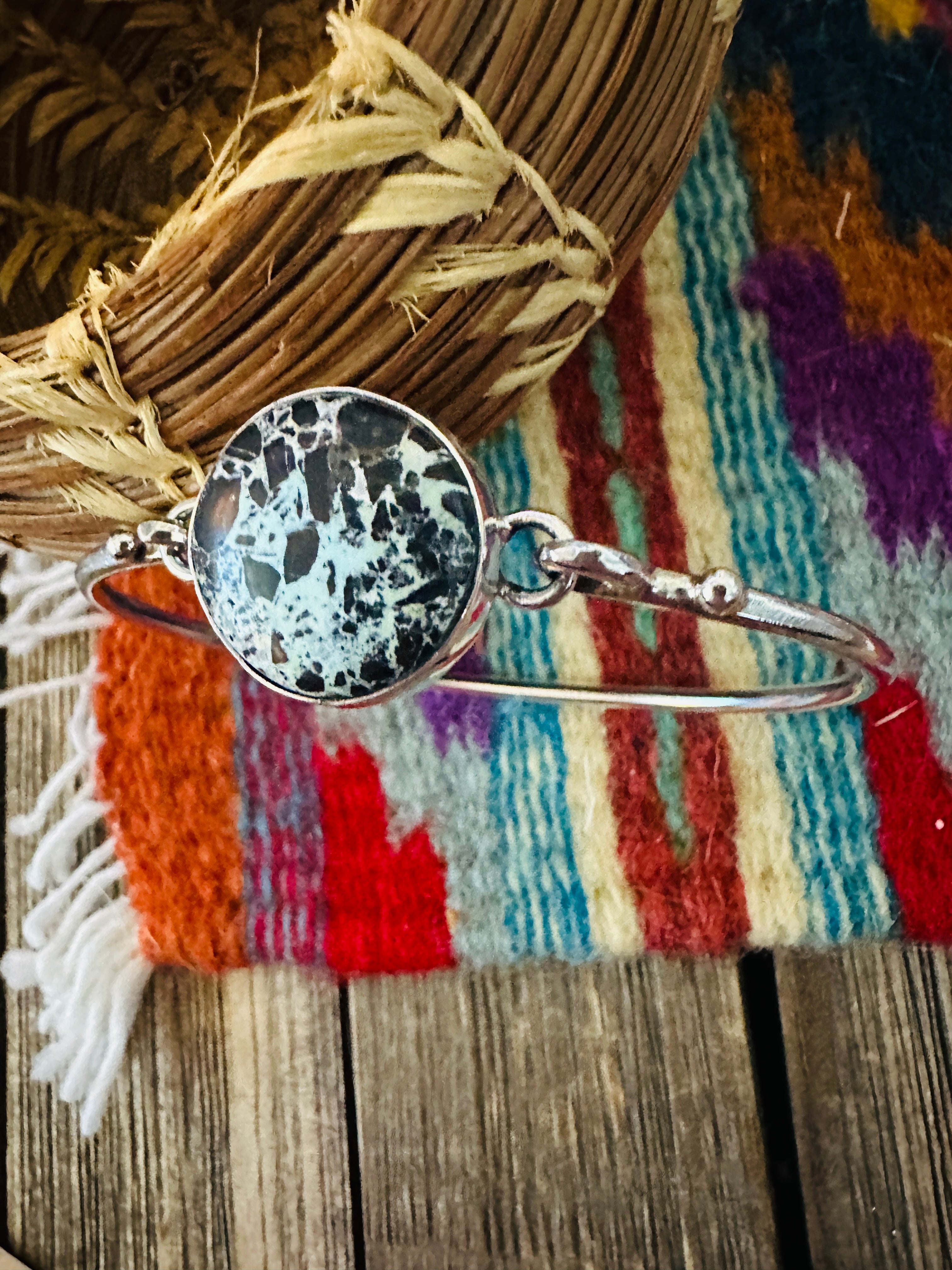 Handcrafted Turquoise & Sterling Silver Hinged Bangle Bracelet
