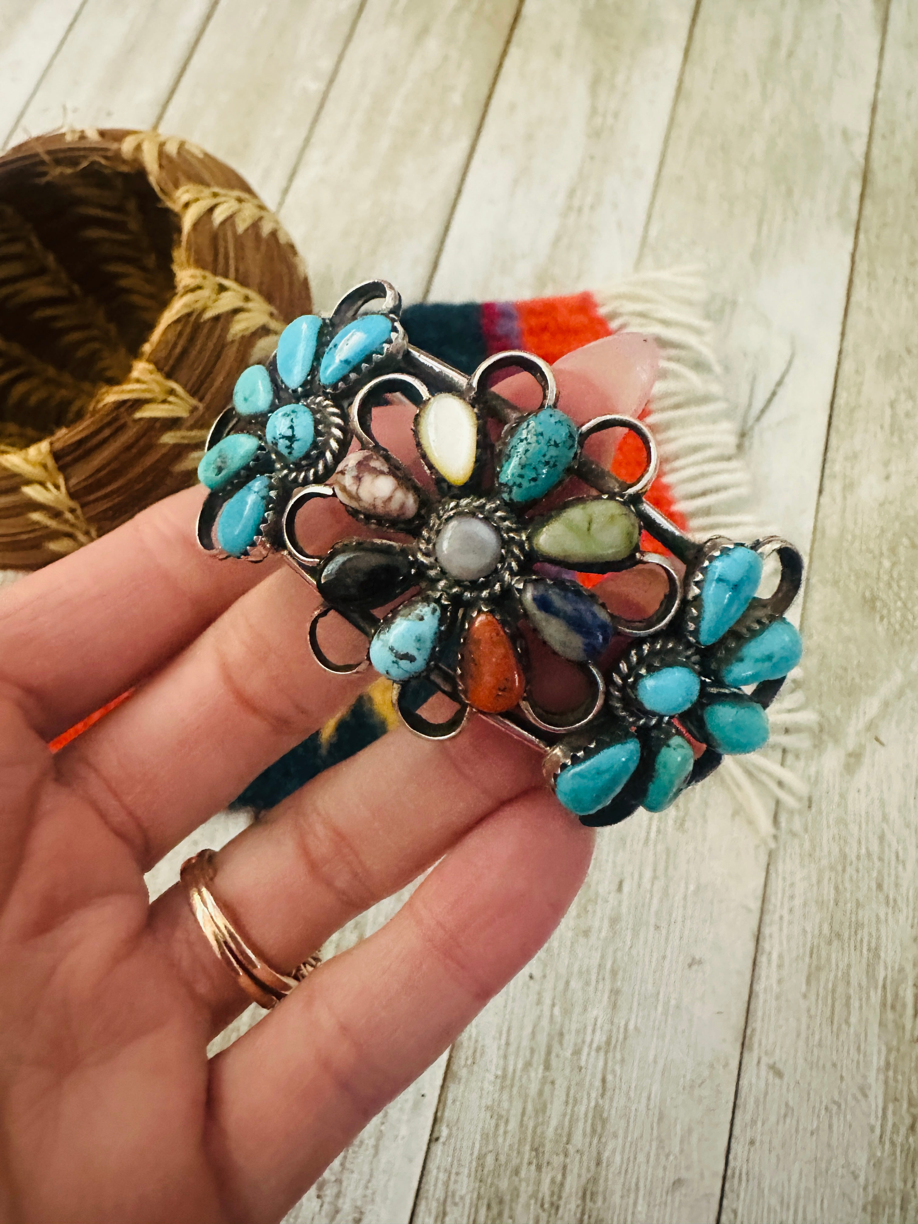 Handcrafted Multi Stone & Sterling Silver Flower Cuff Bracelet
