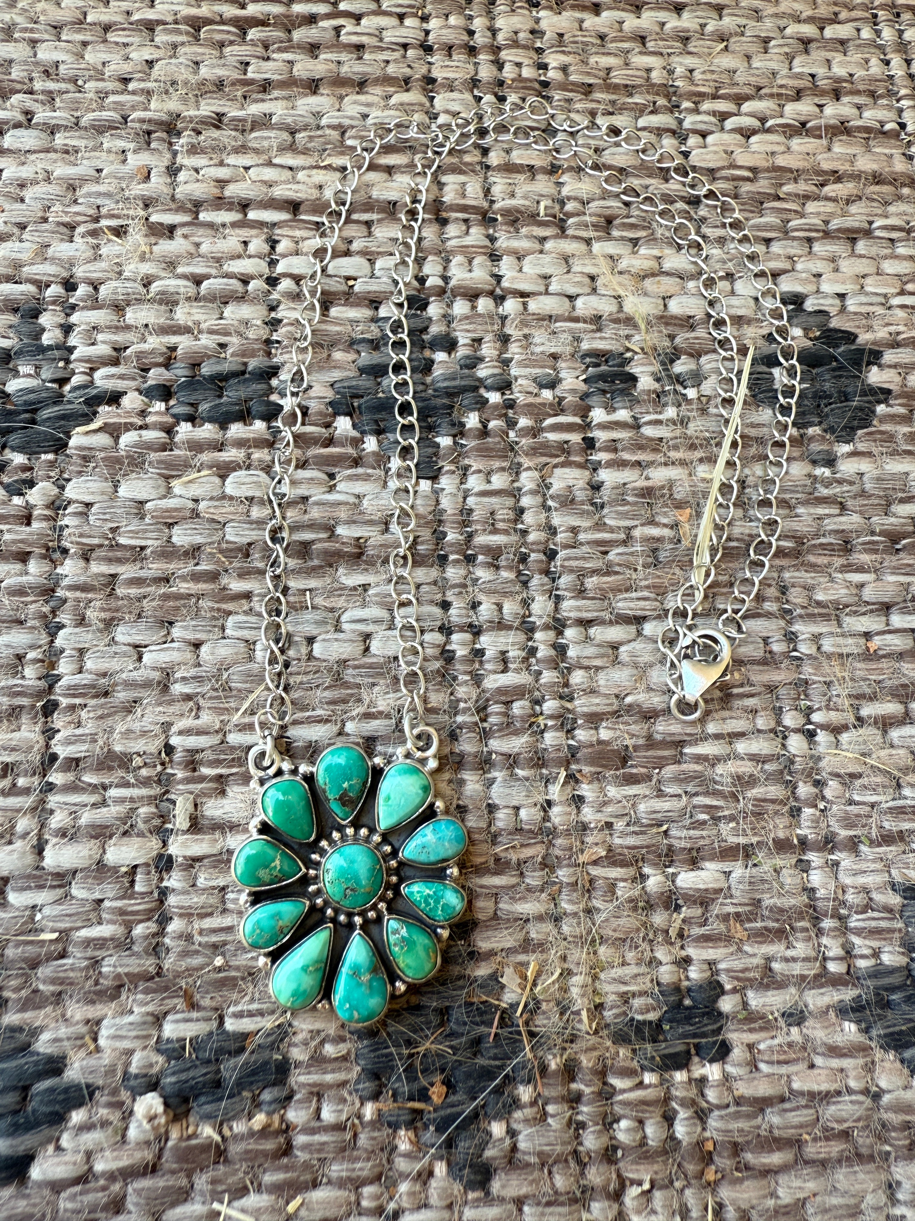 Beautiful Handmade Sterling Silver & Emerald Valley Turquoise Cluster Flower Necklace