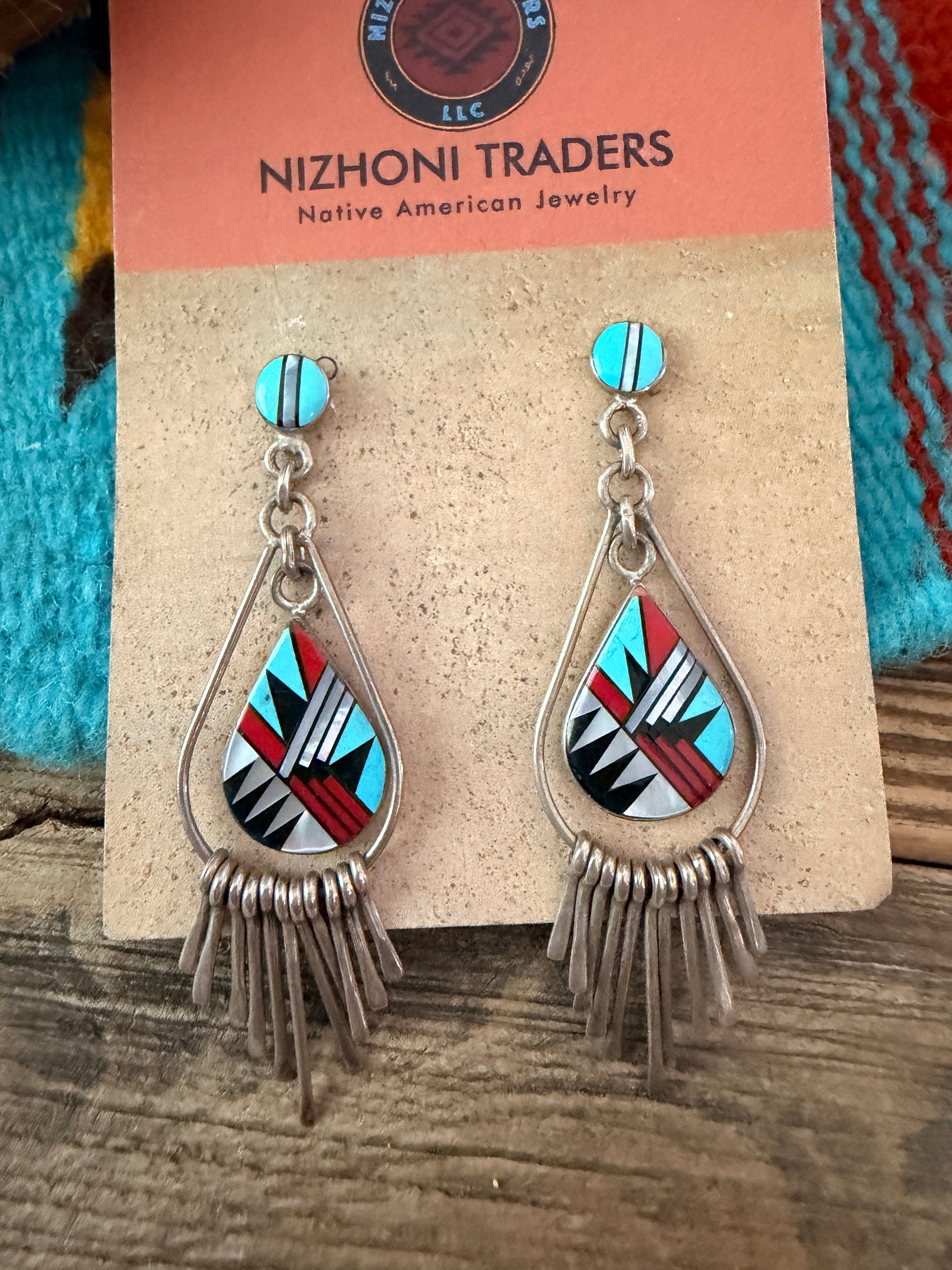 Old Pawn Handcrafted Sterling Silver & Multi Stone Inlay Tassel Dangle Earrings