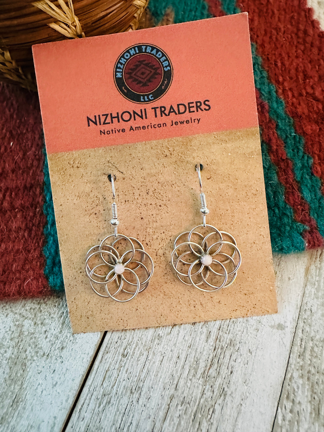 Handcrafted Queen Pink Conch & Sterling Silver Flower Dangle Earrings