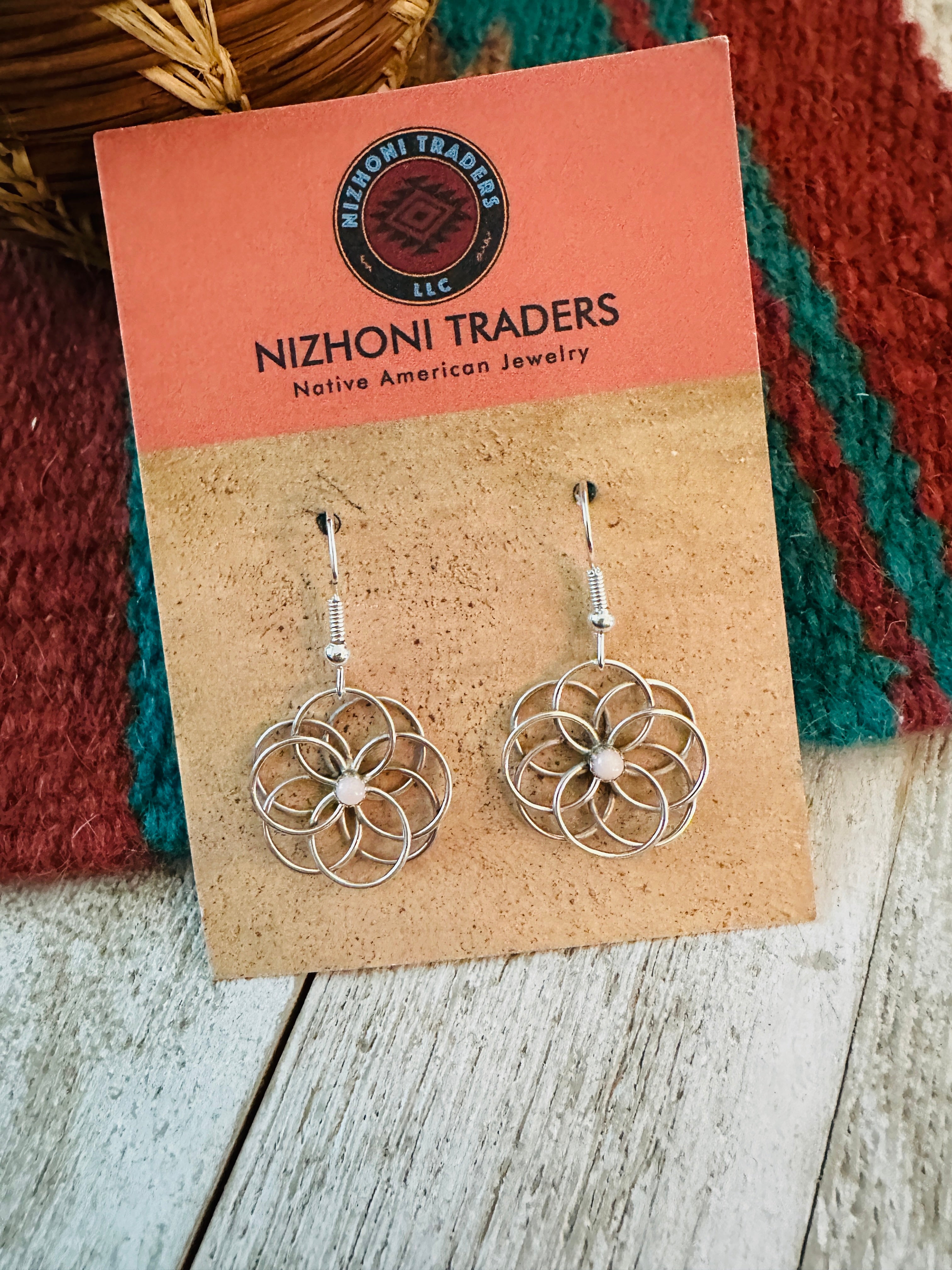 Handcrafted Queen Pink Conch & Sterling Silver Flower Dangle Earrings