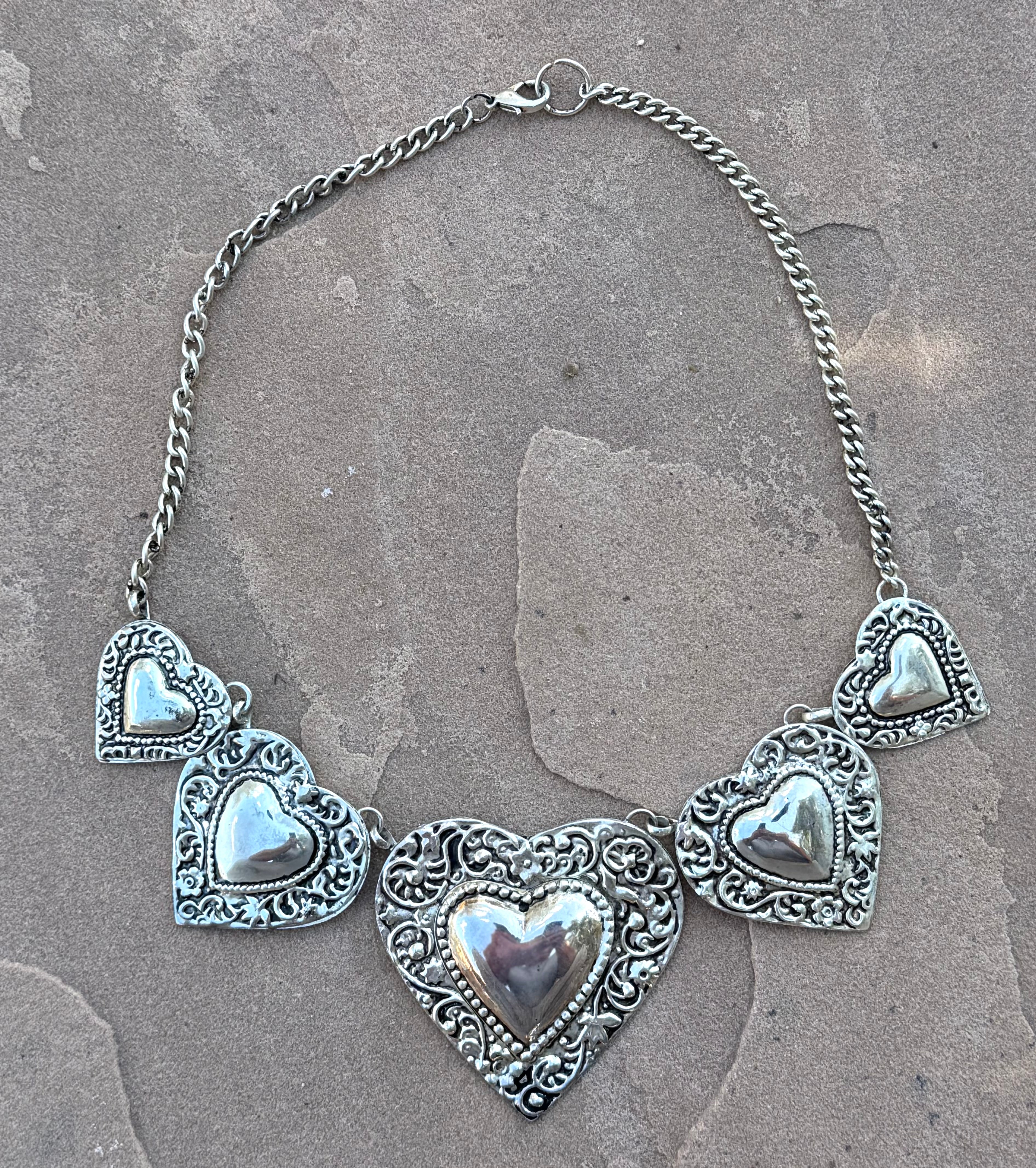 Silver Plated Brass Etched 5-Heart Chain Necklace