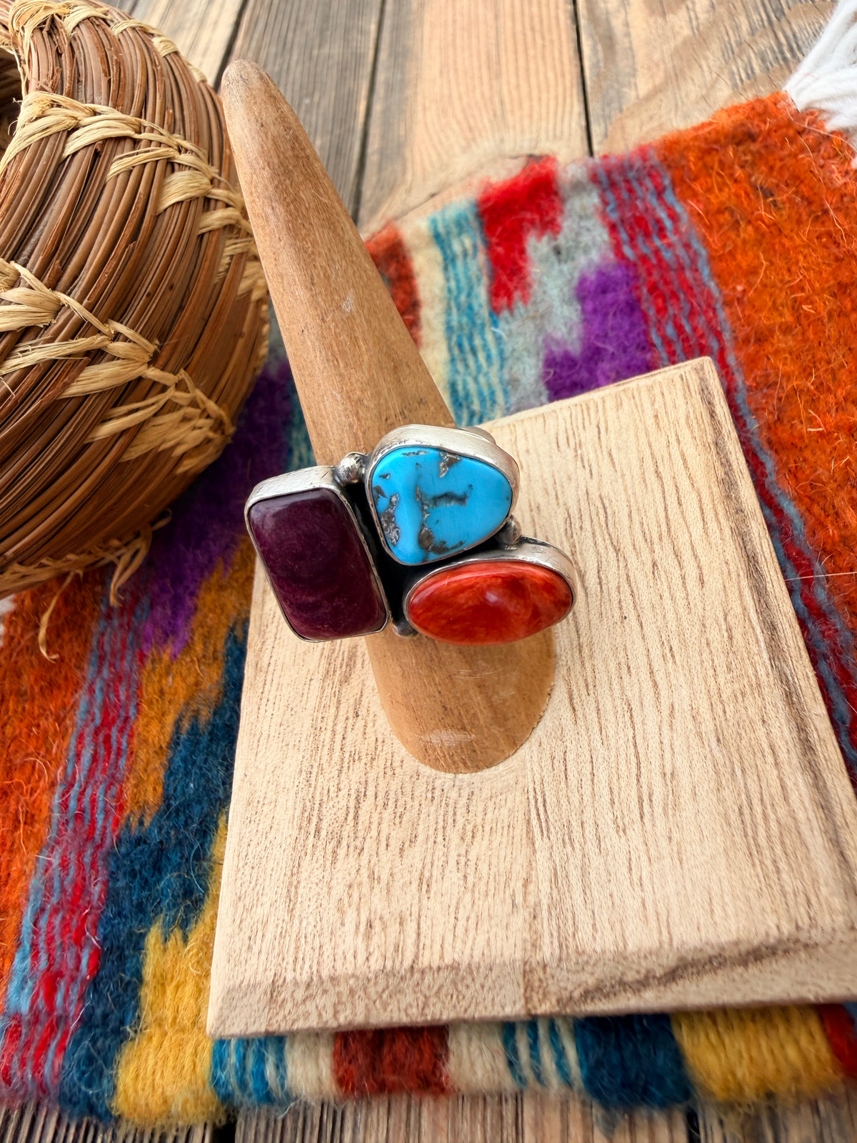 Handcrafted Spiny Oyster, Turquoise & Sterling Silver Adjustable Cluster Ring by Robert Livingston