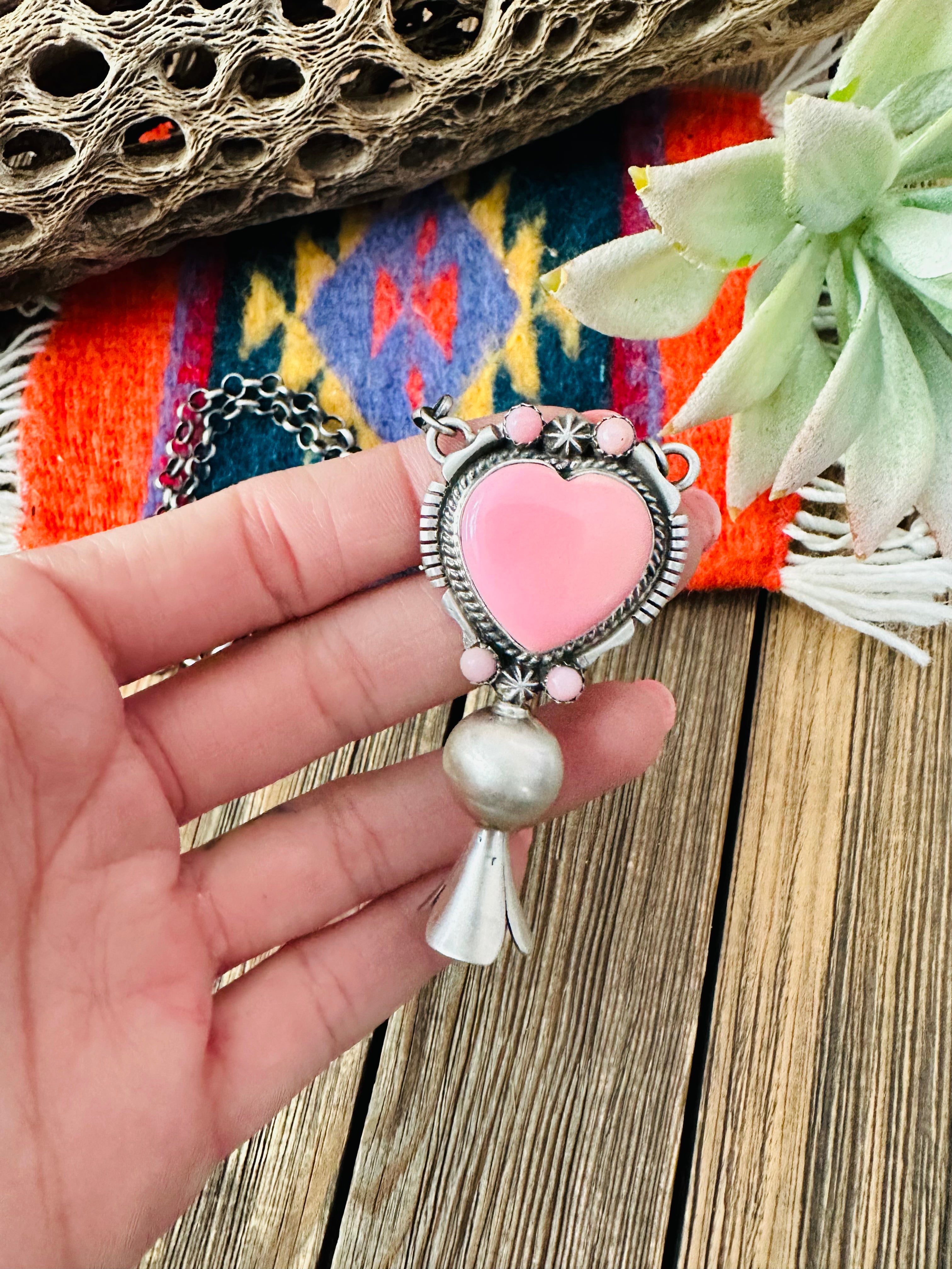 Navajo Sterling Silver & Queen Pink Conch Heart Blossom Necklace by Thomas Francisco