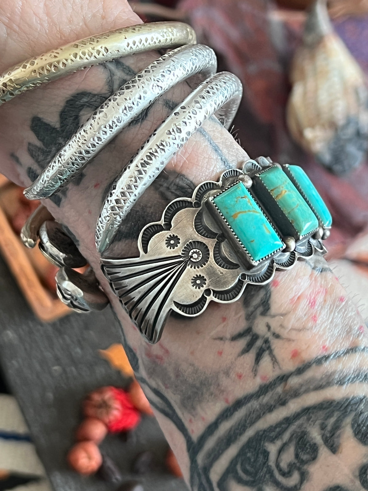 Estate Collection Vintage Sterling Silver and Kingman Turquoise Row Cuff by Tom Lewis
