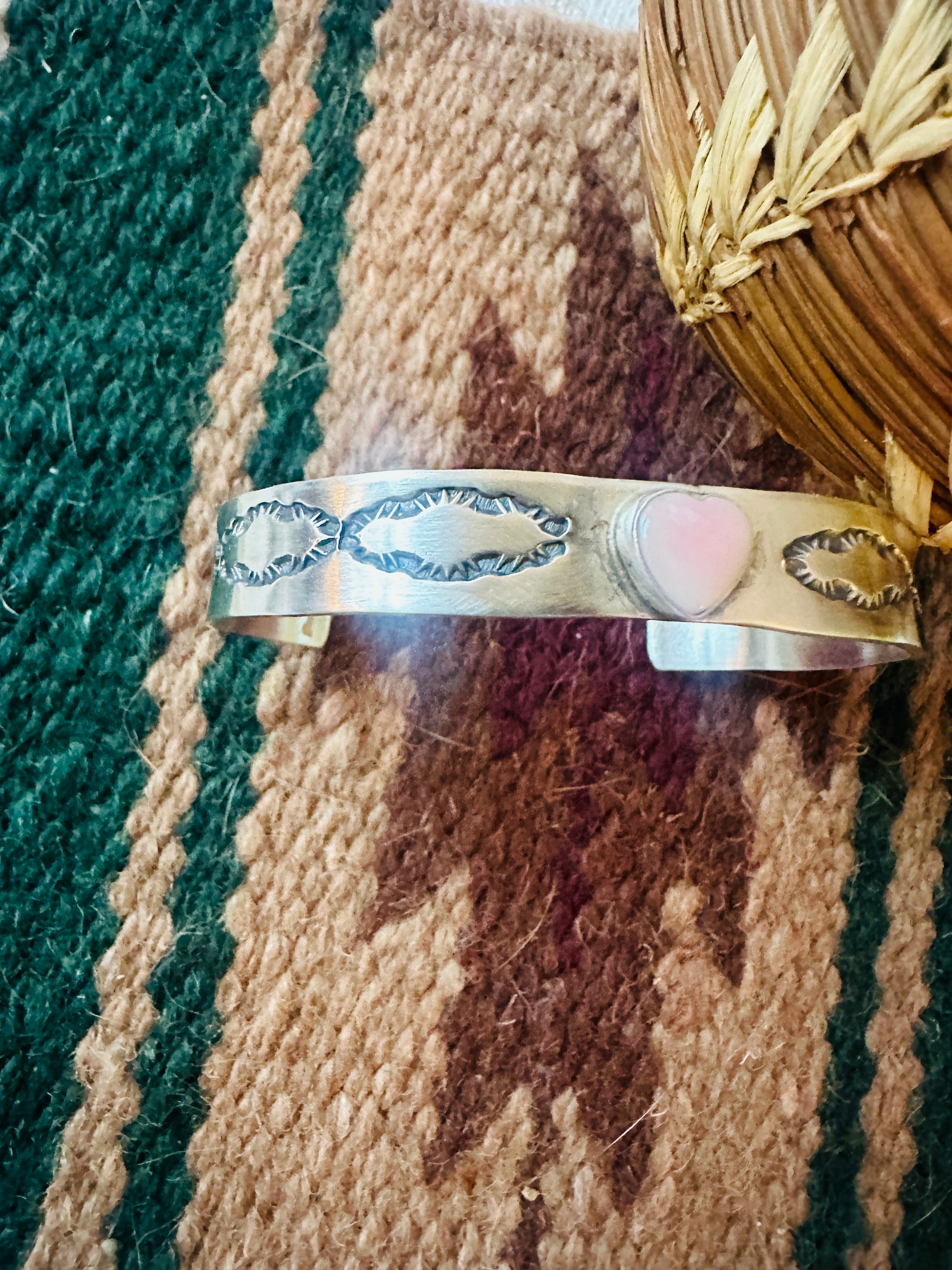 Navajo Queen Pink Conch Shell & Sterling Silver Heart Cuff Bracelet