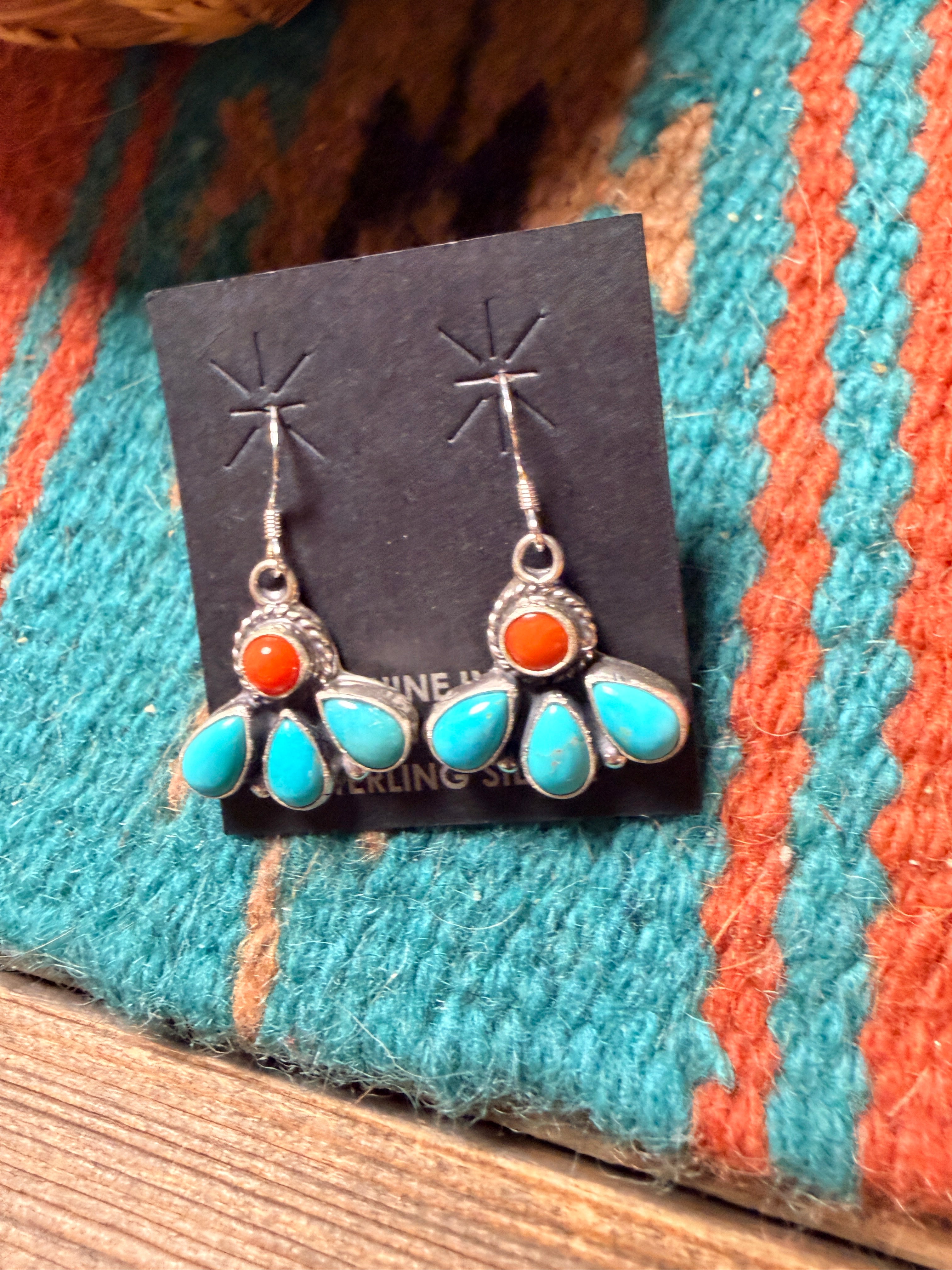Handcrafted Turquoise, Coral & Sterling Silver Dangle Earrings