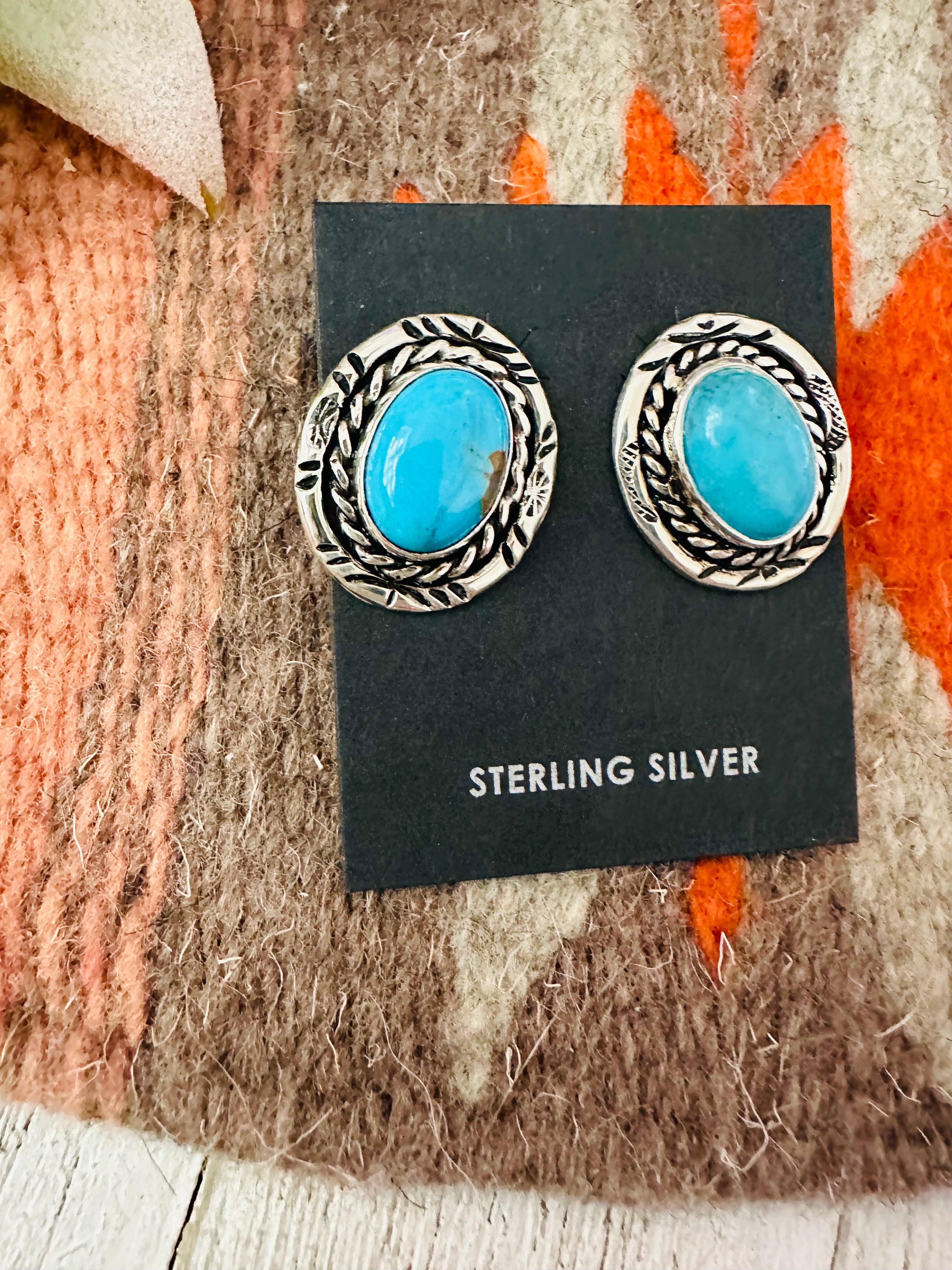 Navajo Turquoise and Sterling Silver Oval Post Earrings