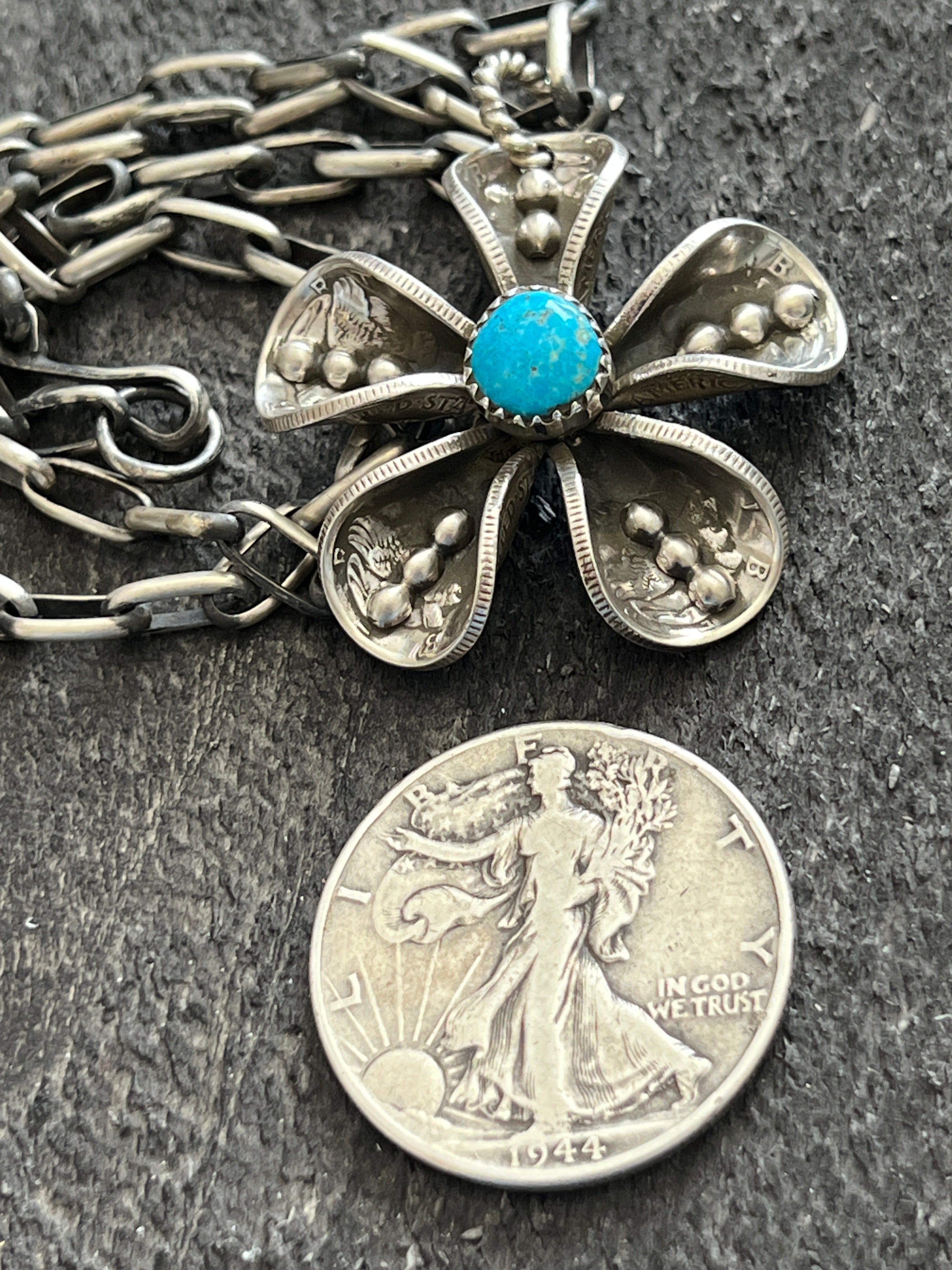 Handcrafted Sterling and Coin Silver Mercury Dime Flower Pendant with Turquoise on Handmade Chain by James Begay