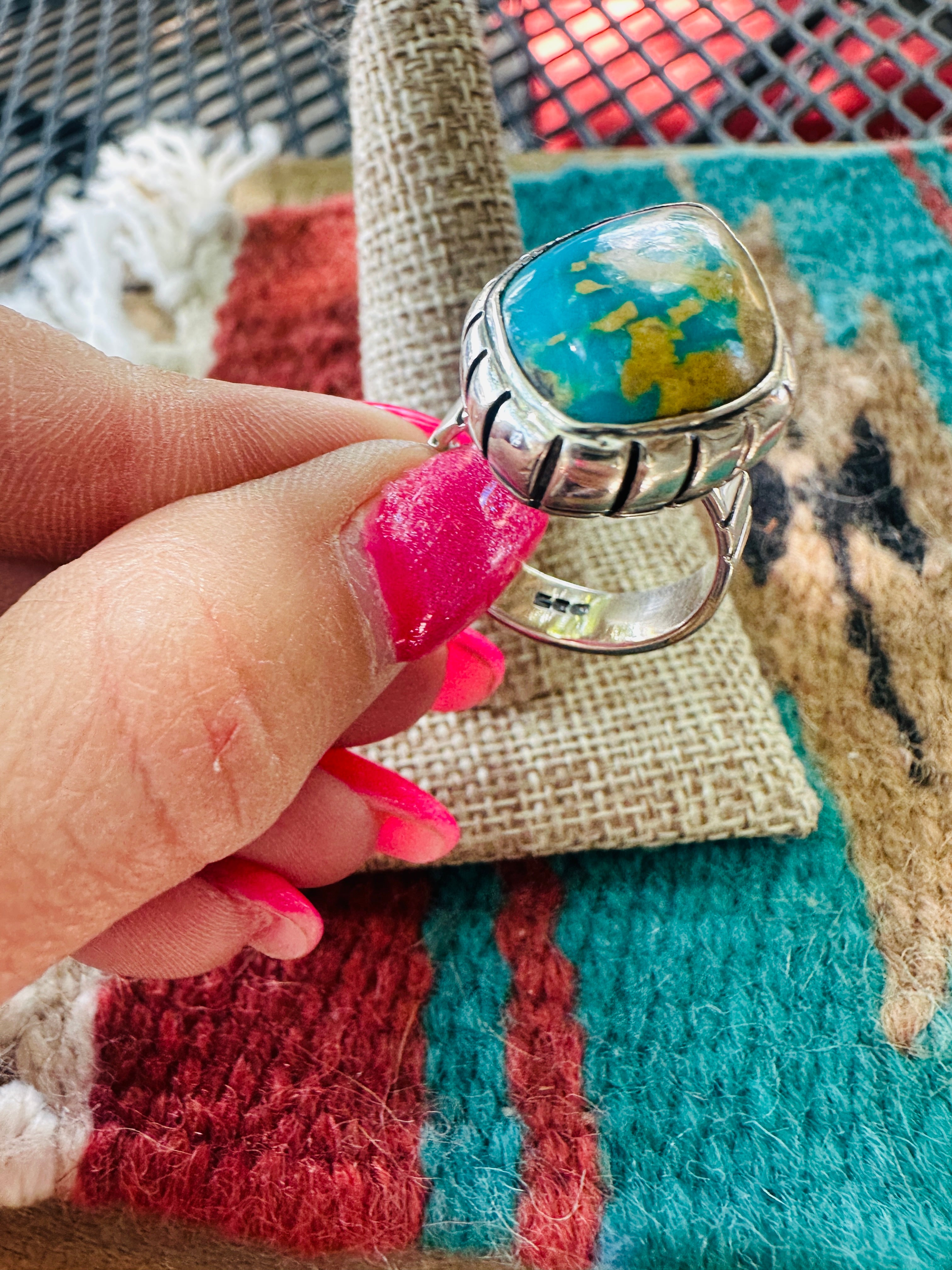 Handcrafted Sterling Silver & Royston Turquoise Ring Size 8