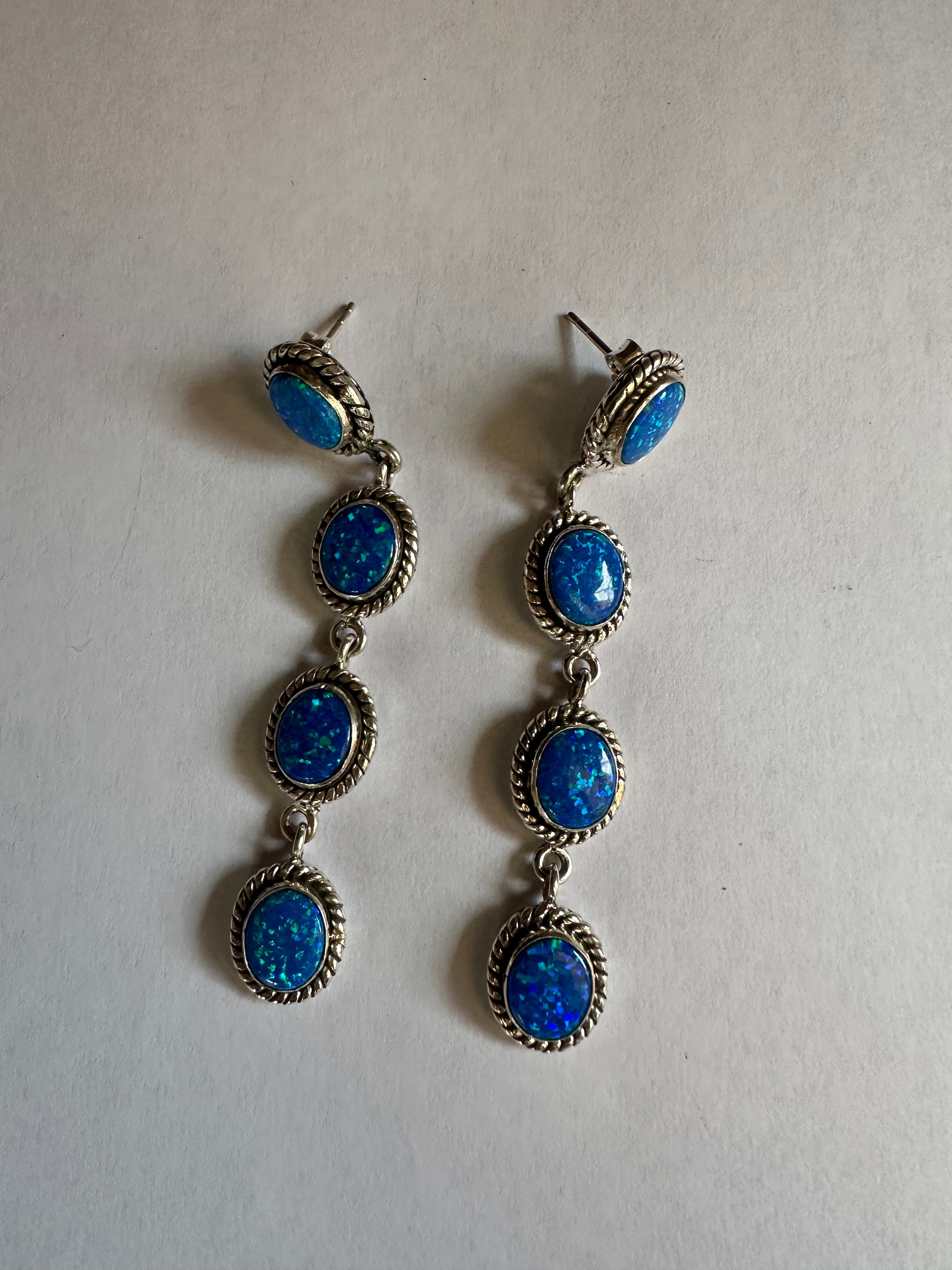 Handmade Blue Fire Opal and Sterling Silver Handmade Dangles