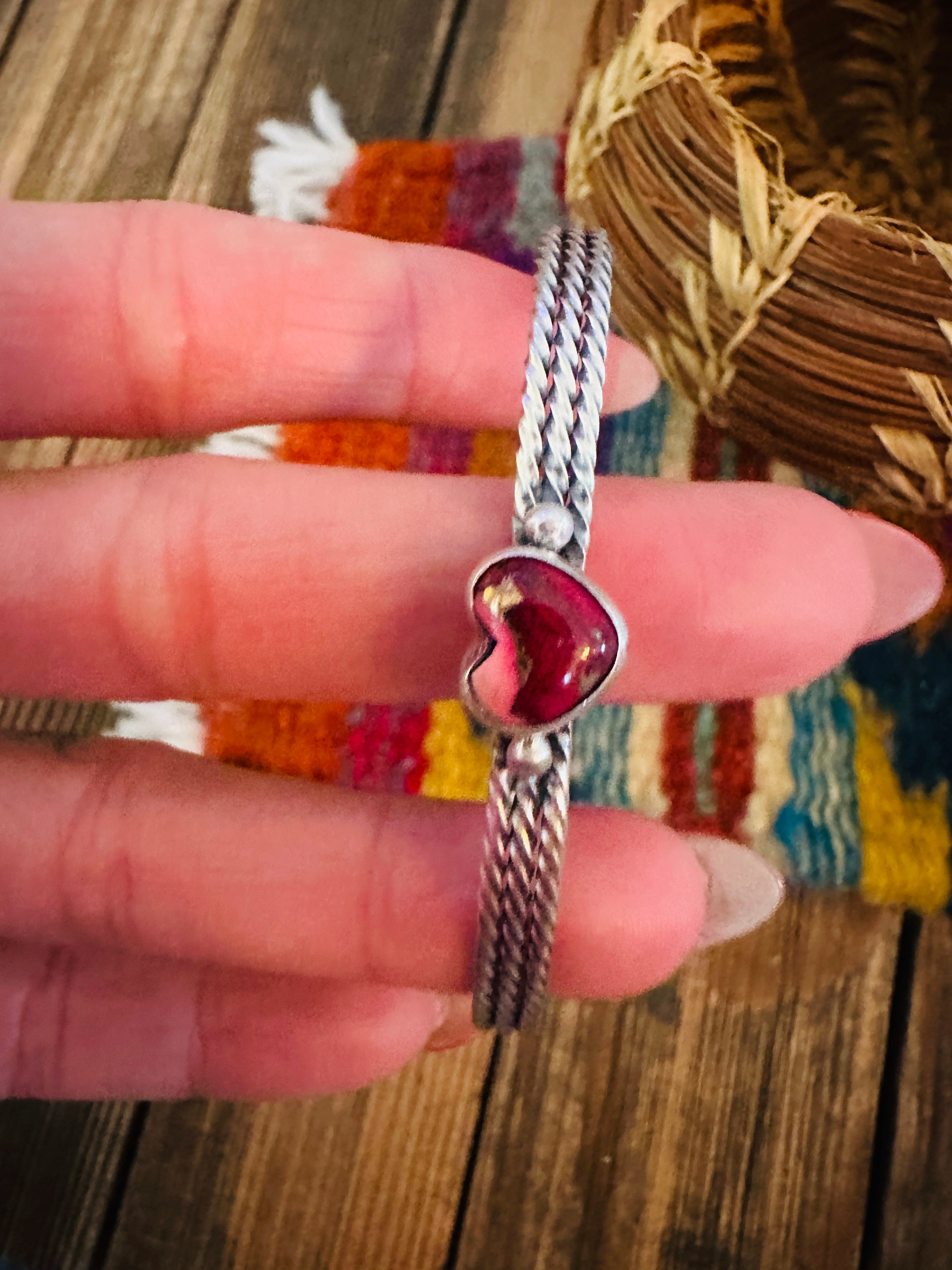 Handcrafted Rose Dahlia & Sterling Silver Heart Cuff Bracelet