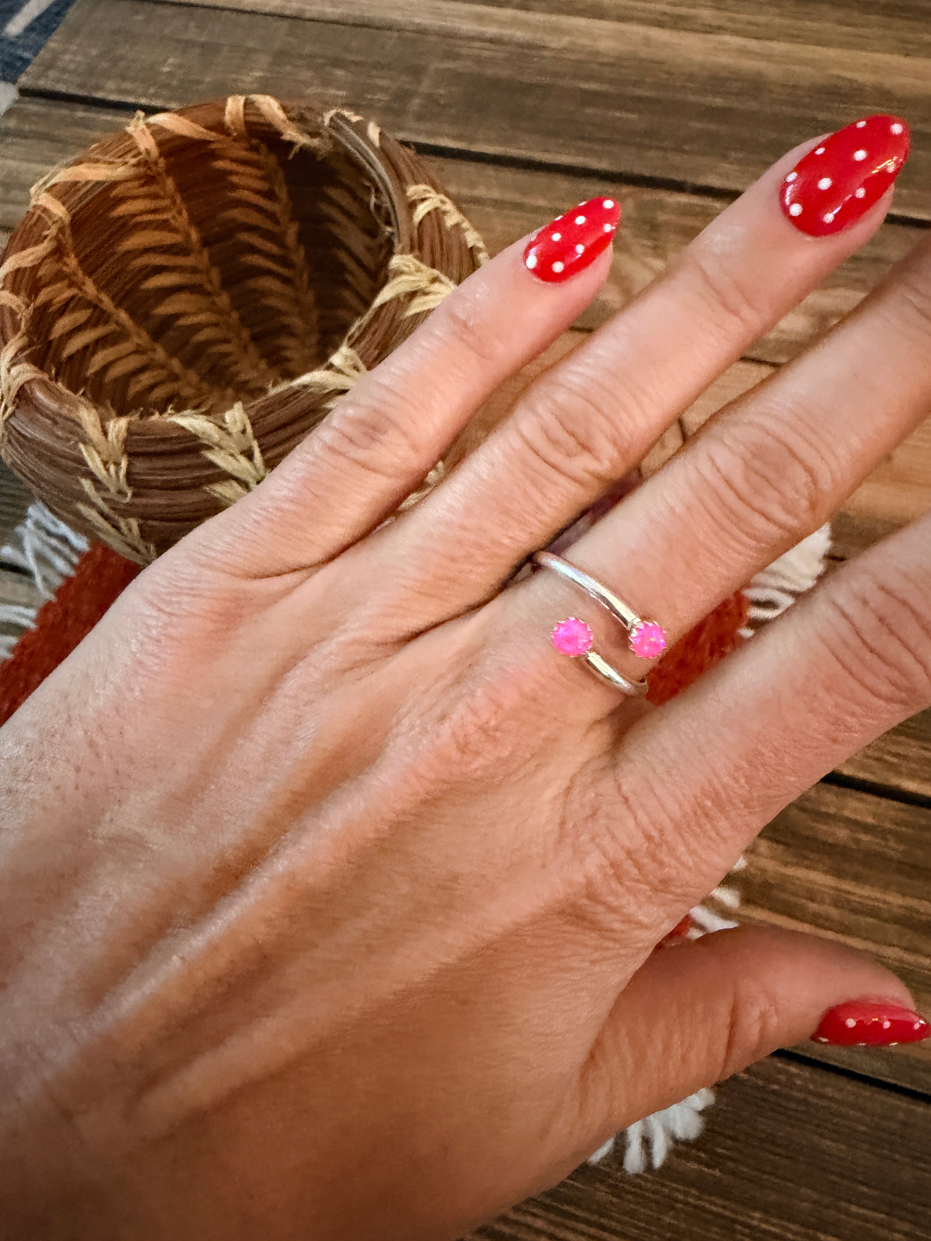 Handcrafted Pink Opal & Sterling Silver Adjustable Ring