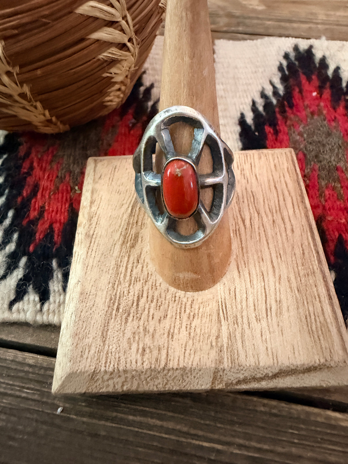 Handcrafted Coral and Sterling Silver Ring size 11 by Chimney Butte
