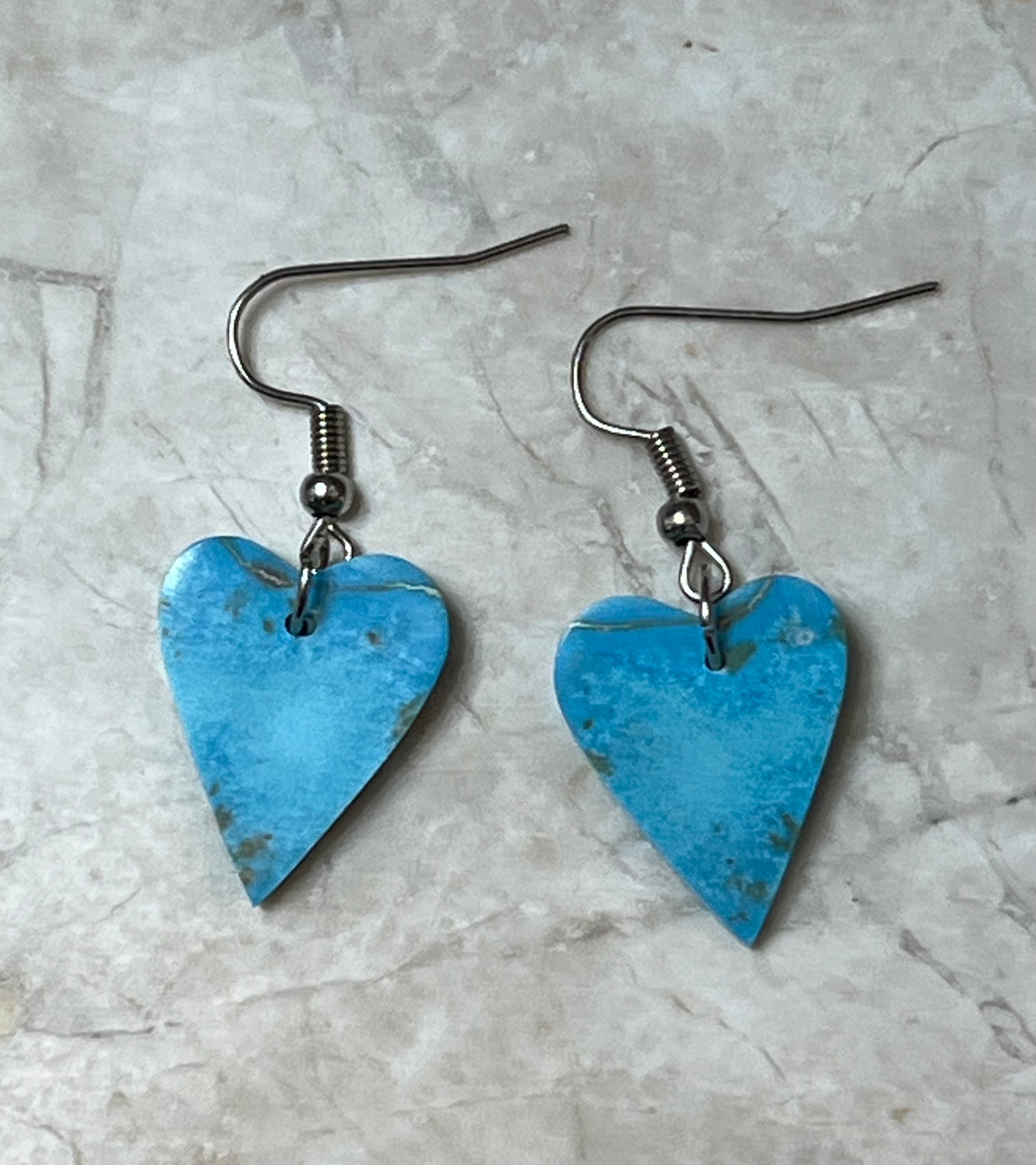 Handcrafted Turquoise Heart Slab Sterling Silver Earrings