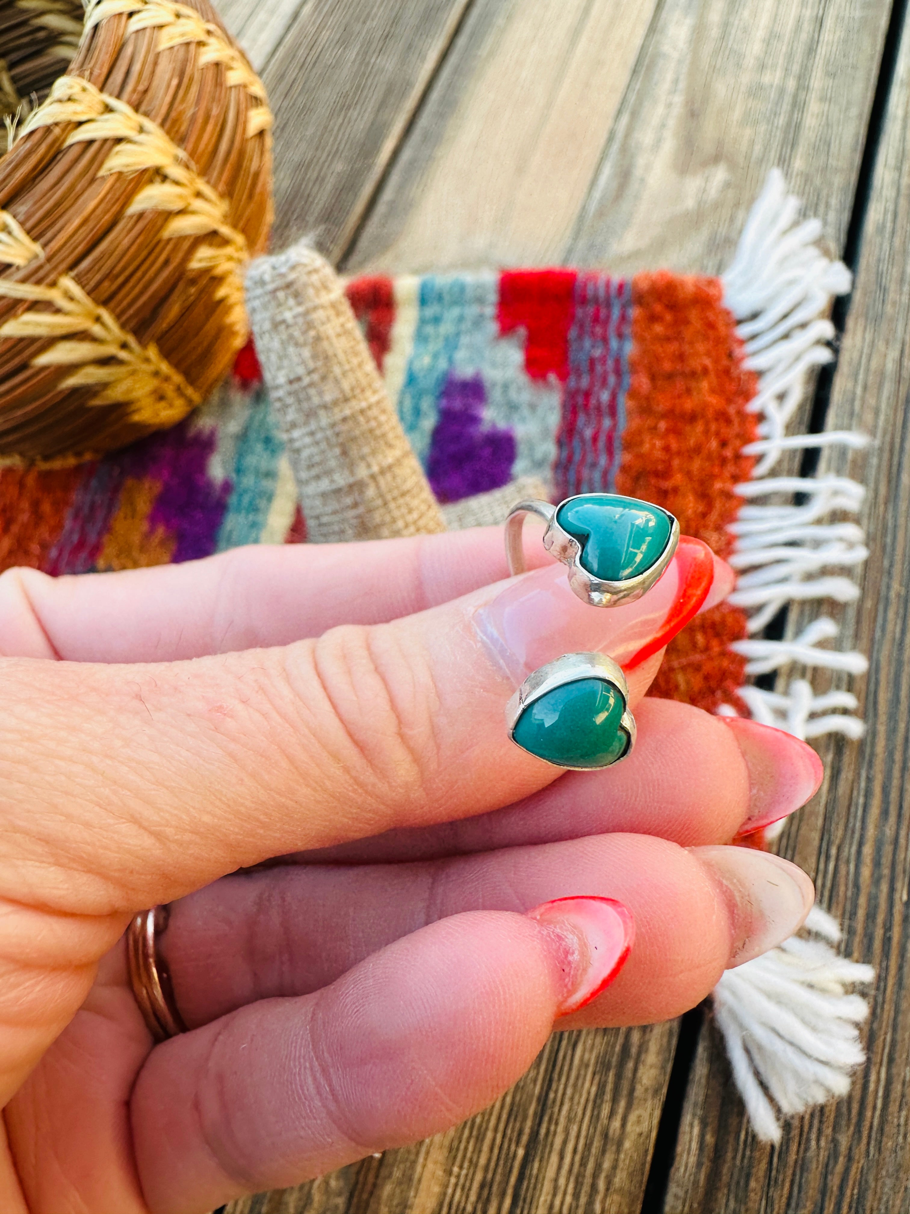 Handcrafted Turquoise & Sterling Silver Heart Adjustable Ring