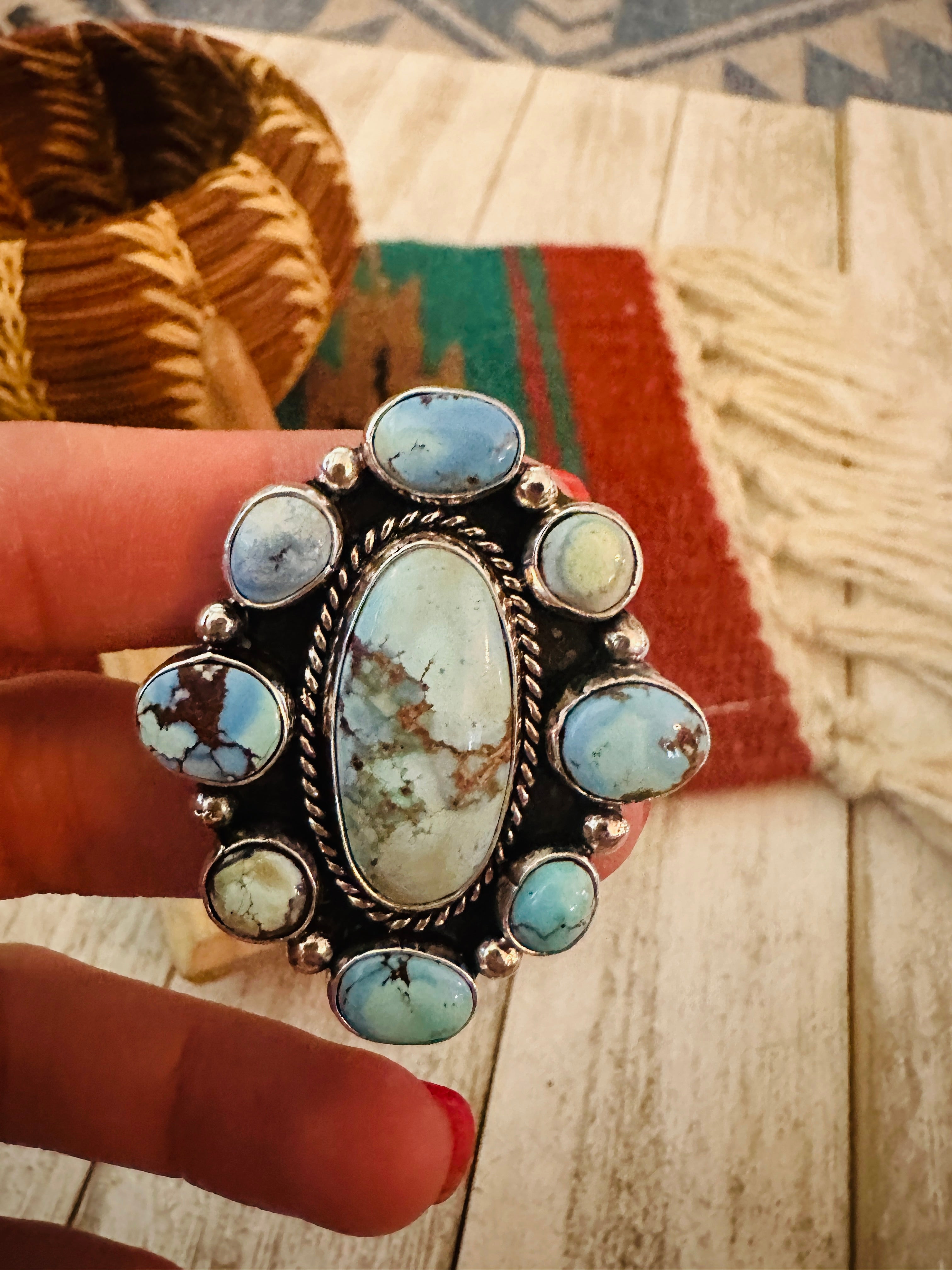 Navajo Sterling Silver & Golden Hills Turquoise Cluster Adjustable Ring