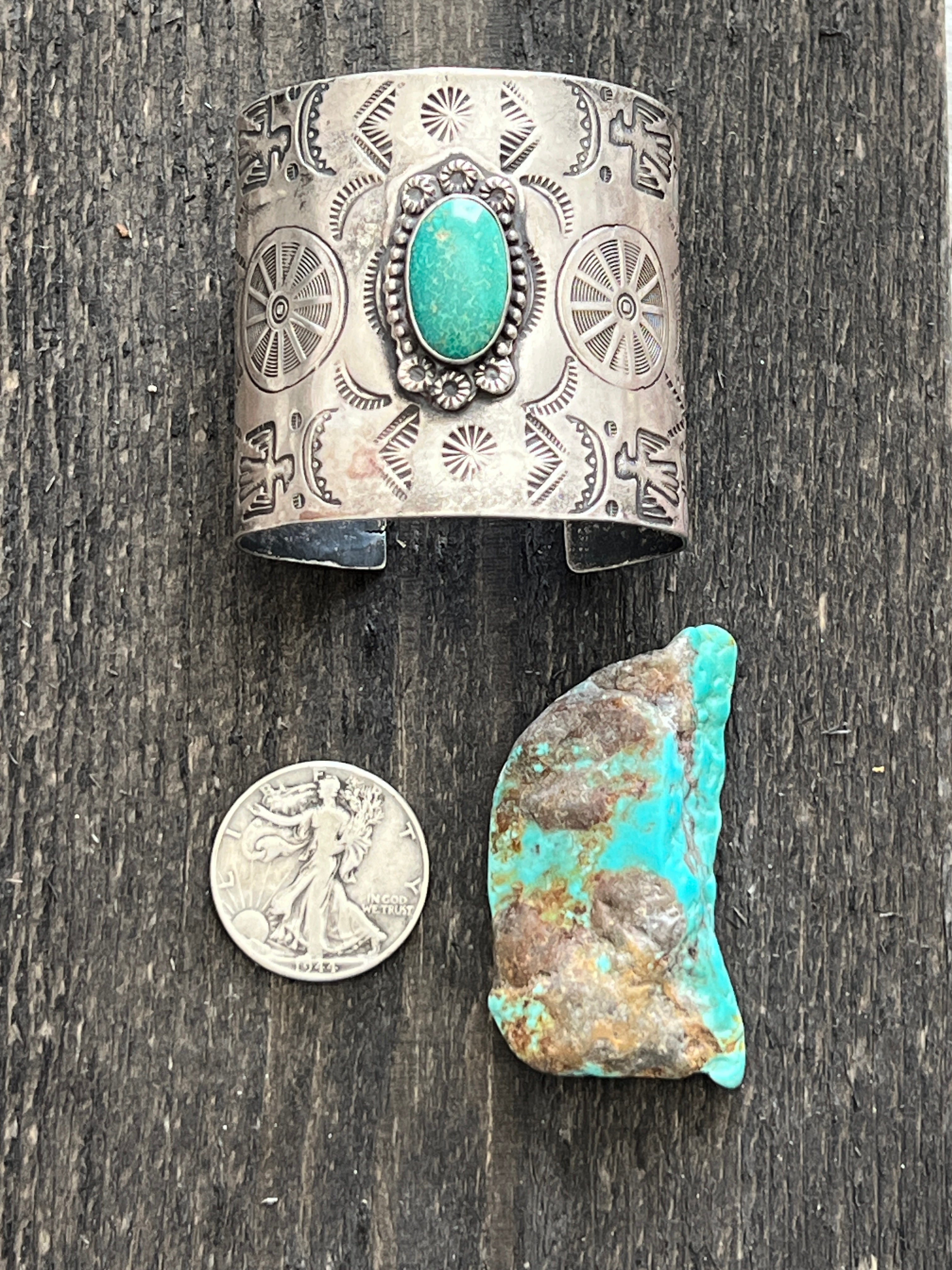 Handcrafted Vintage Fred Harvey Era Symbolic Collage TurquoiseSterling Silver Cuff Bracelet