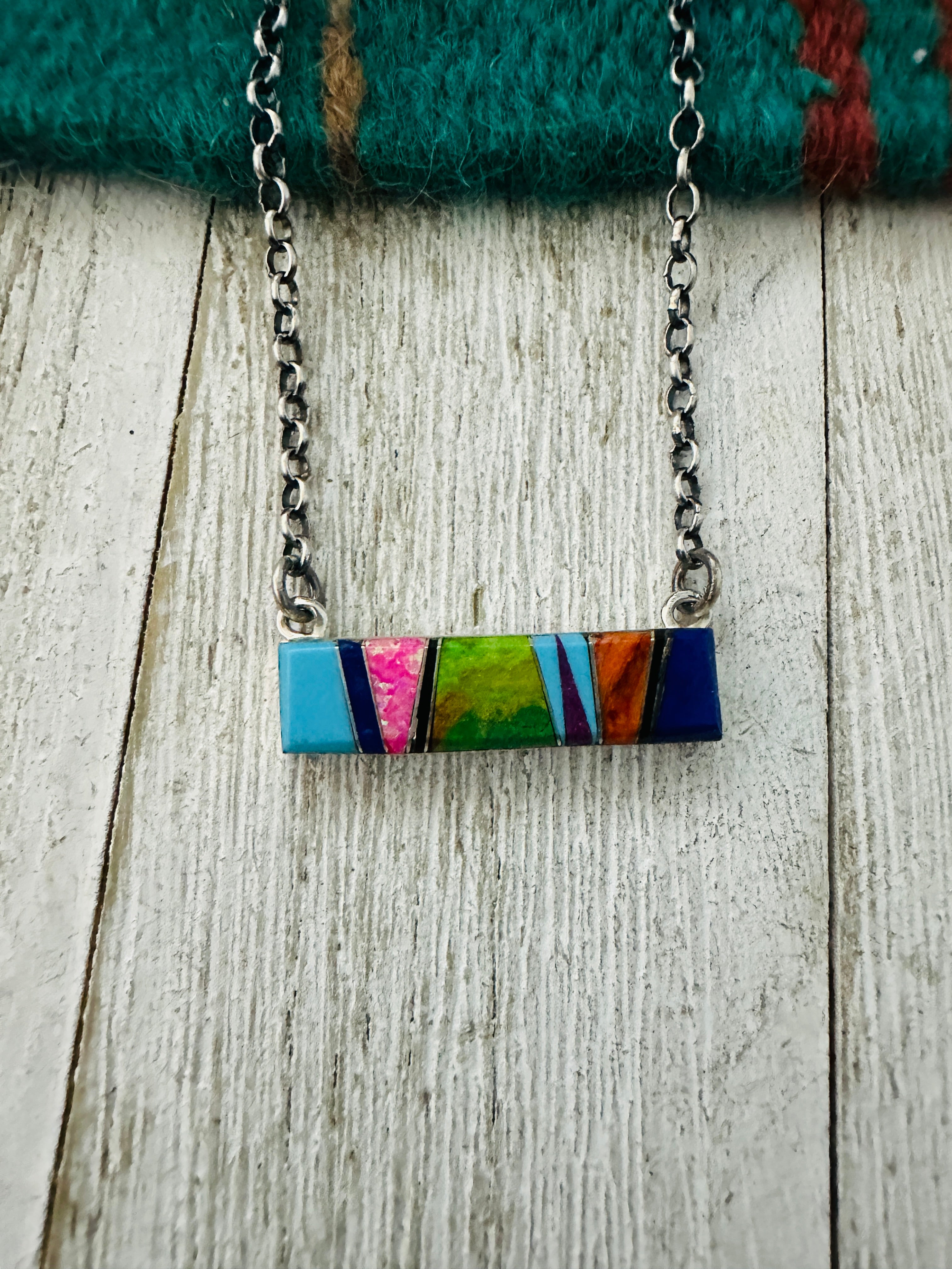 Navajo Multi Stone & Sterling Silver Inlay Bar Necklace