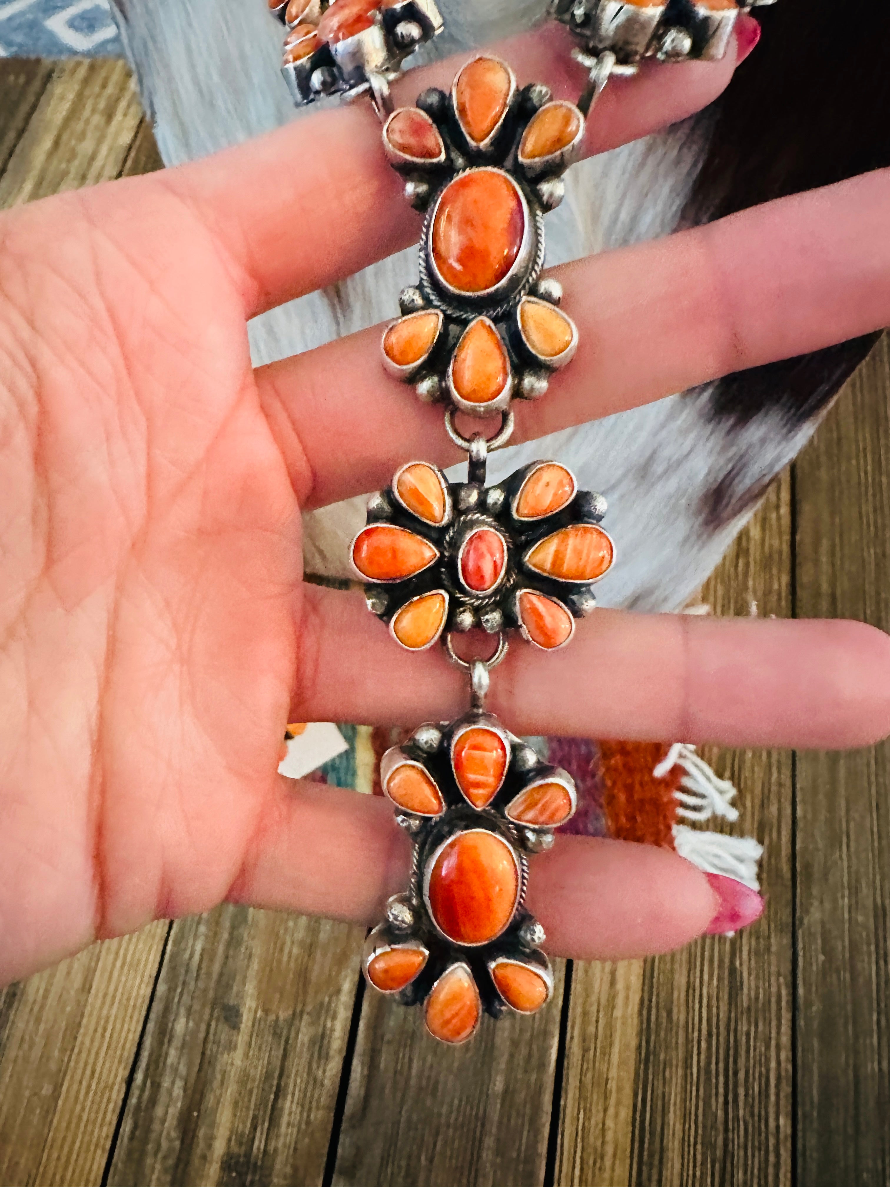 Handcrafted Orange Spiny Oyster & Sterling Silver Necklace and Earring Set by Sheila Becenti