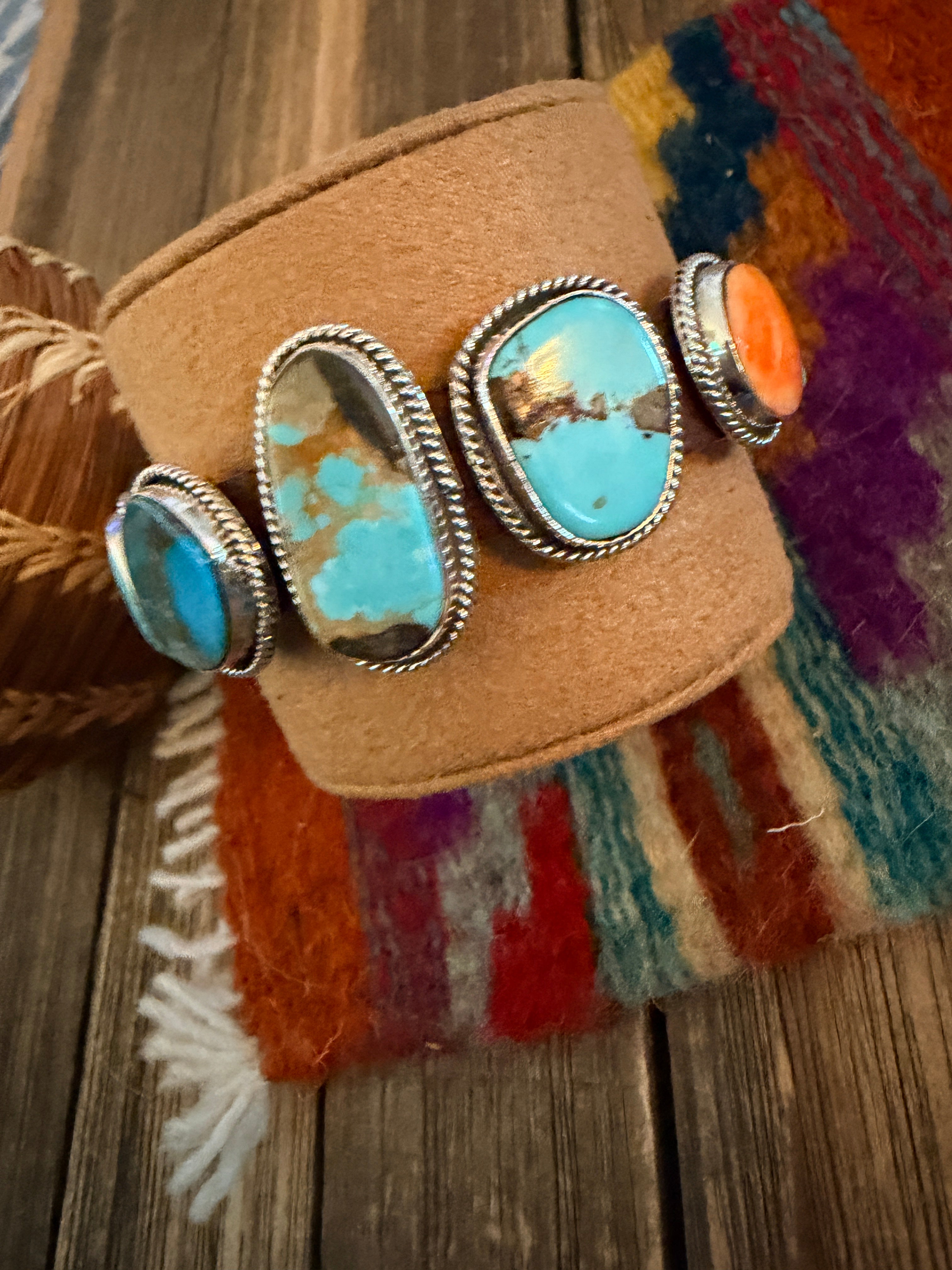 Handcrafted Multi Turquoise, Spiny & Sterling Silver Leather Bracelet