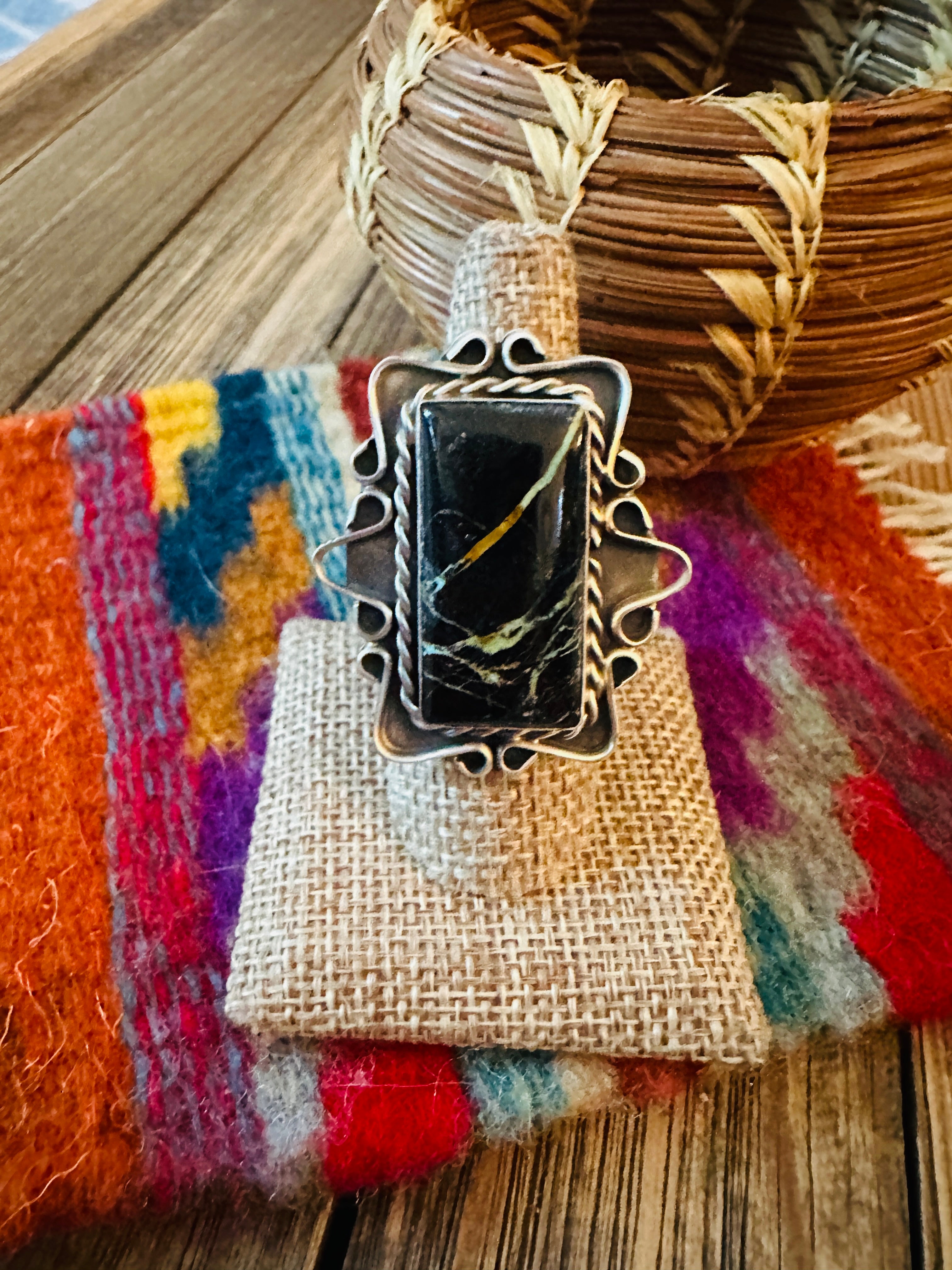 Handcrafted Blackjack Turquoise & Sterling Silver Ring Size 7.25