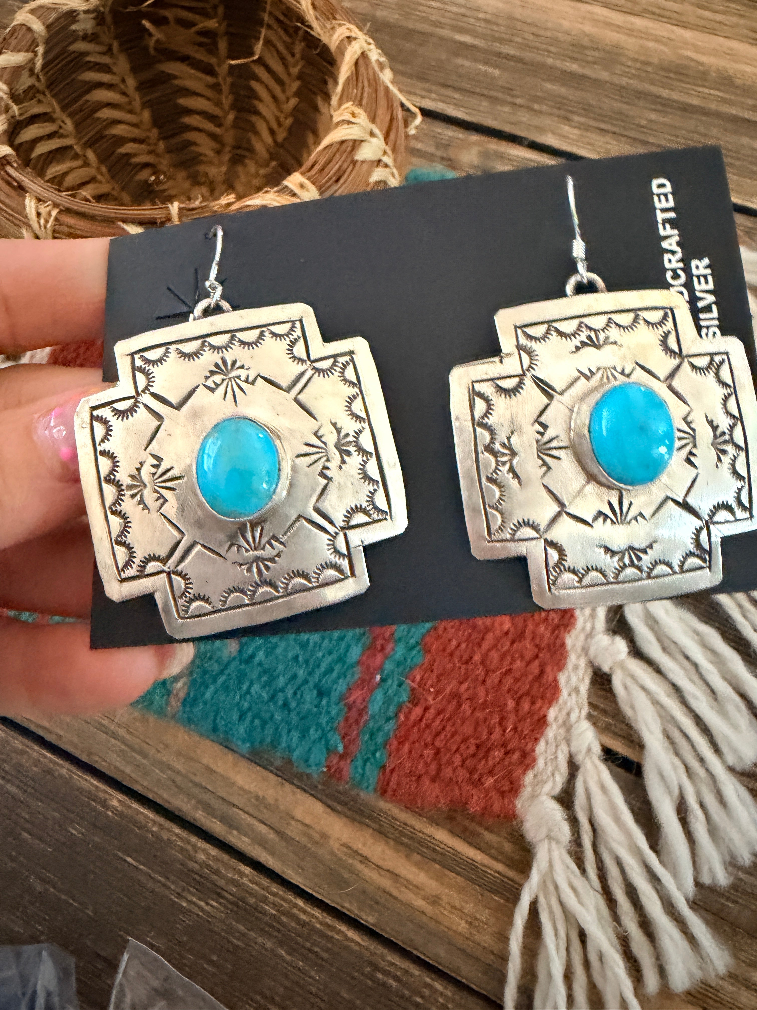 Handcrafted Sterling Silver & Turquoise Concho Cross Dangle Earrings
