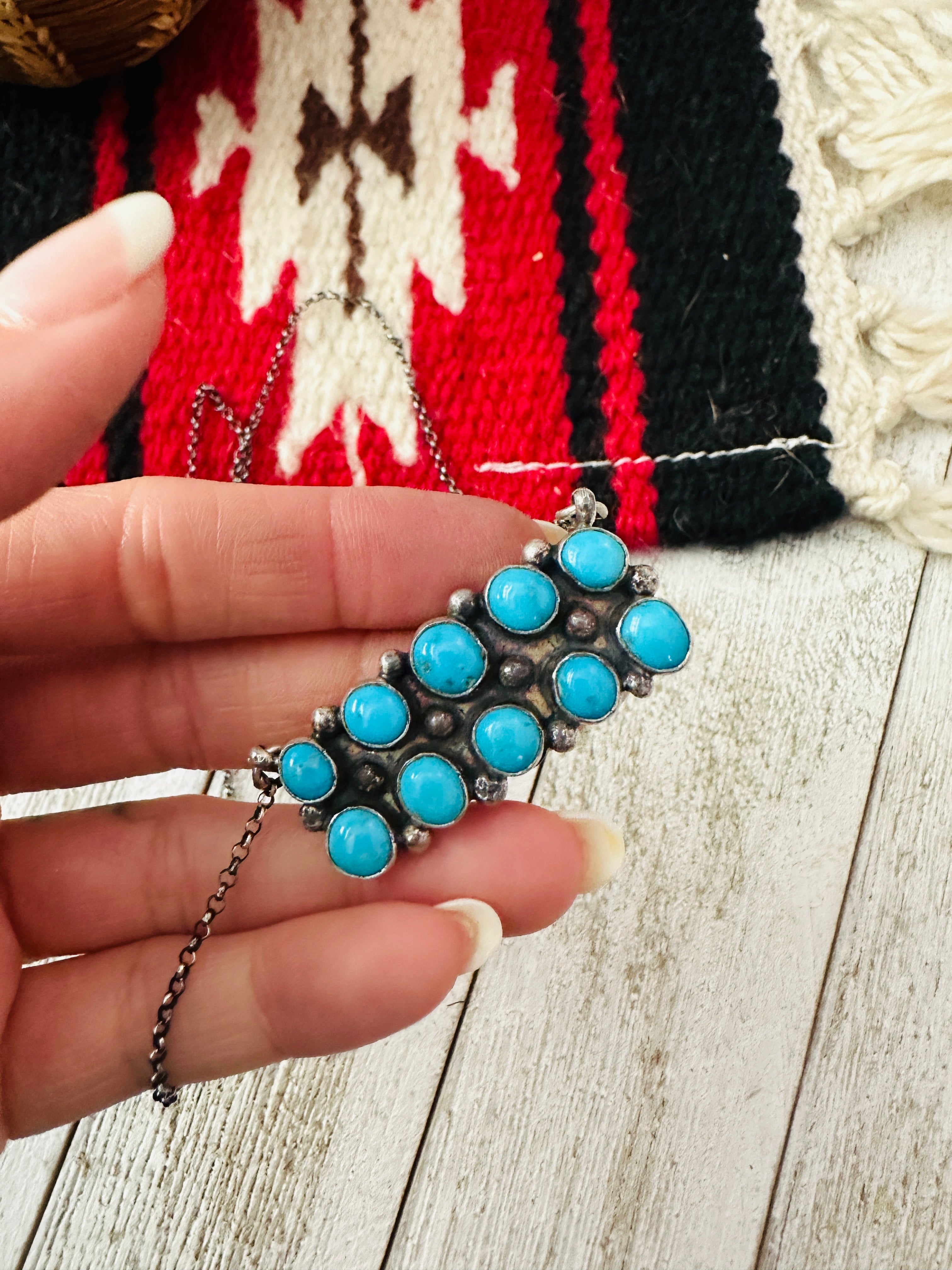 Navajo Sterling Silver & Turquoise Cluster Bar Necklace