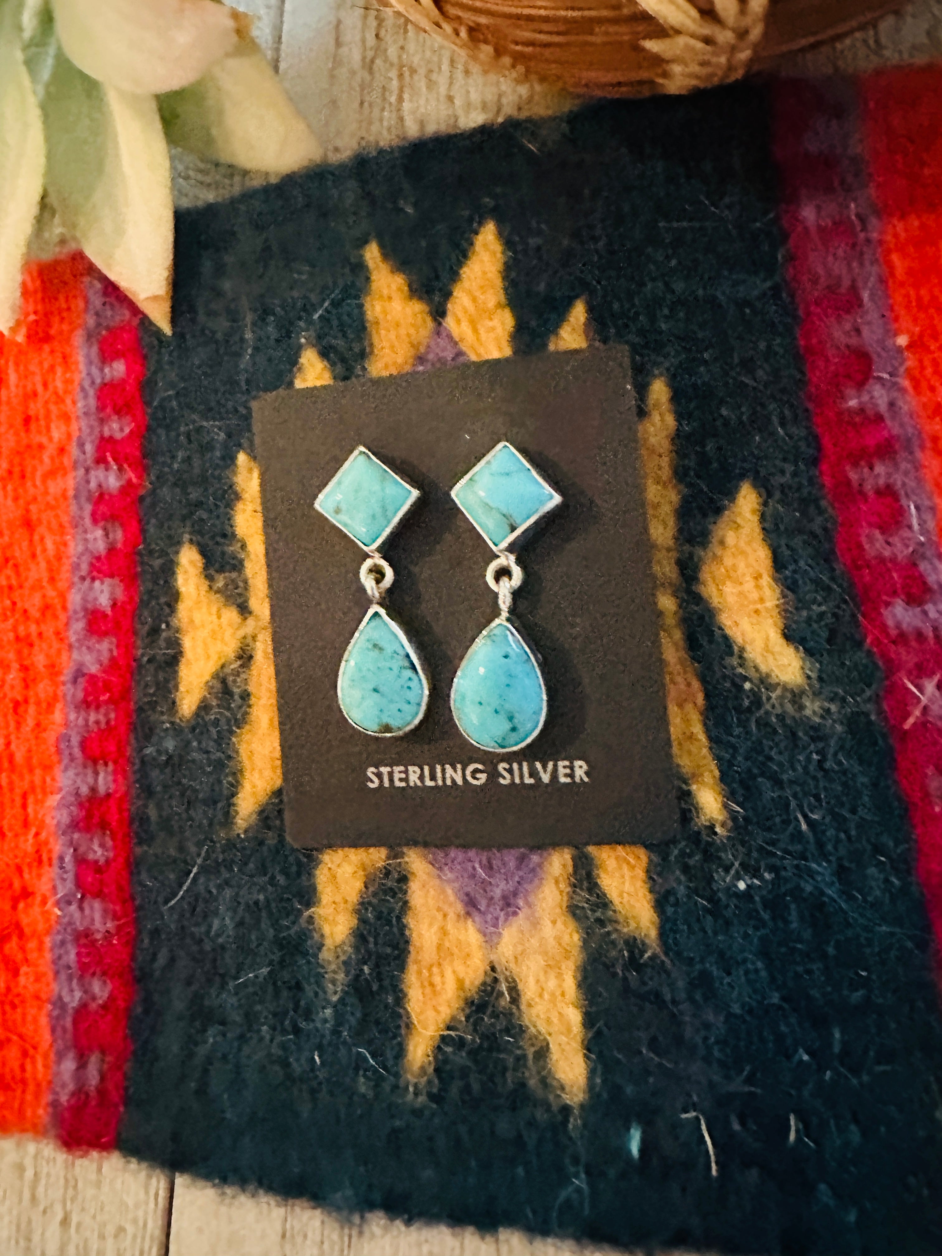 Navajo Turquoise and Sterling Silver Two Stone Dangle Earrings