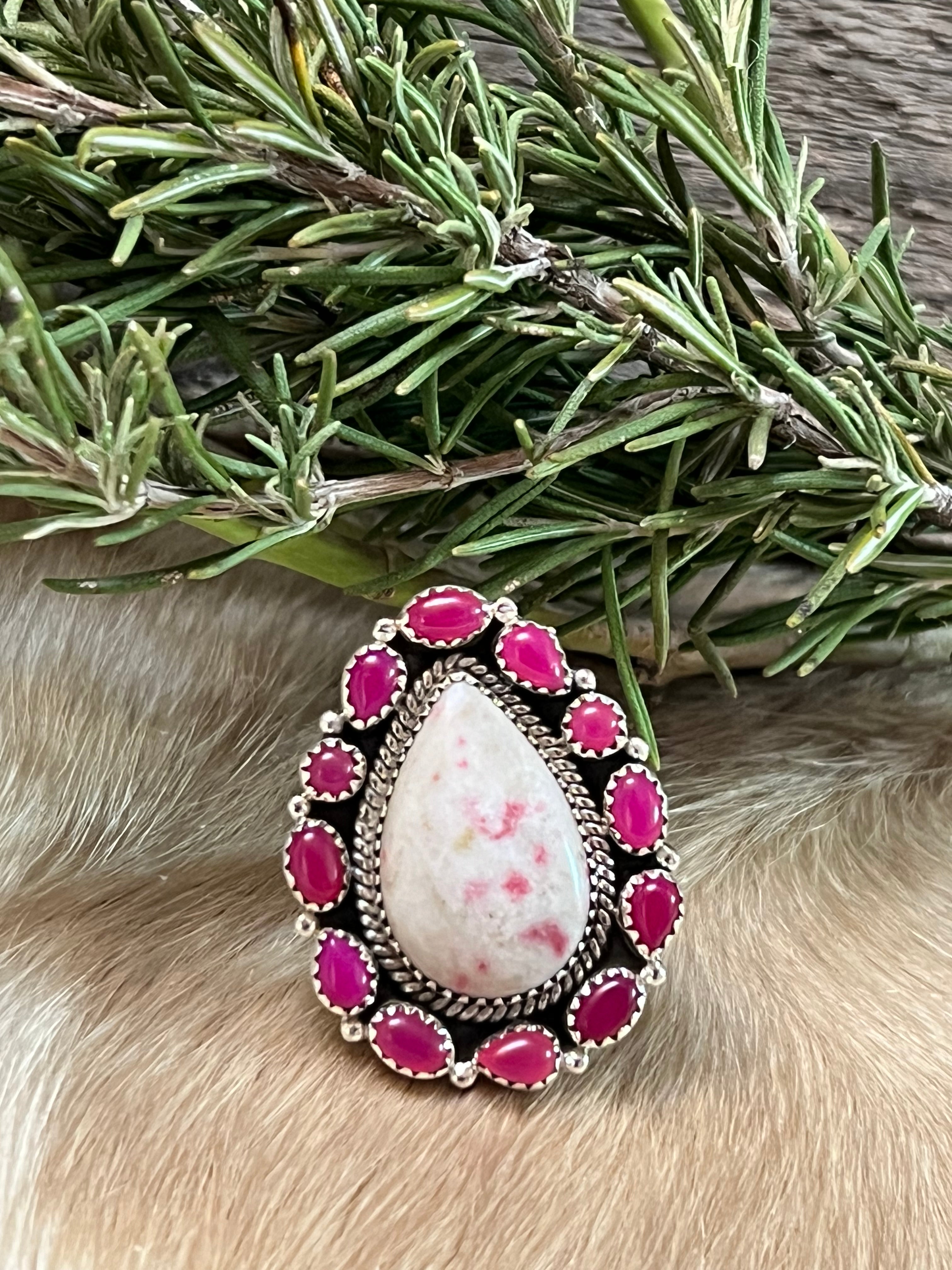 Handmade Pink & White Opal Sterling Silver Adjustable Ring