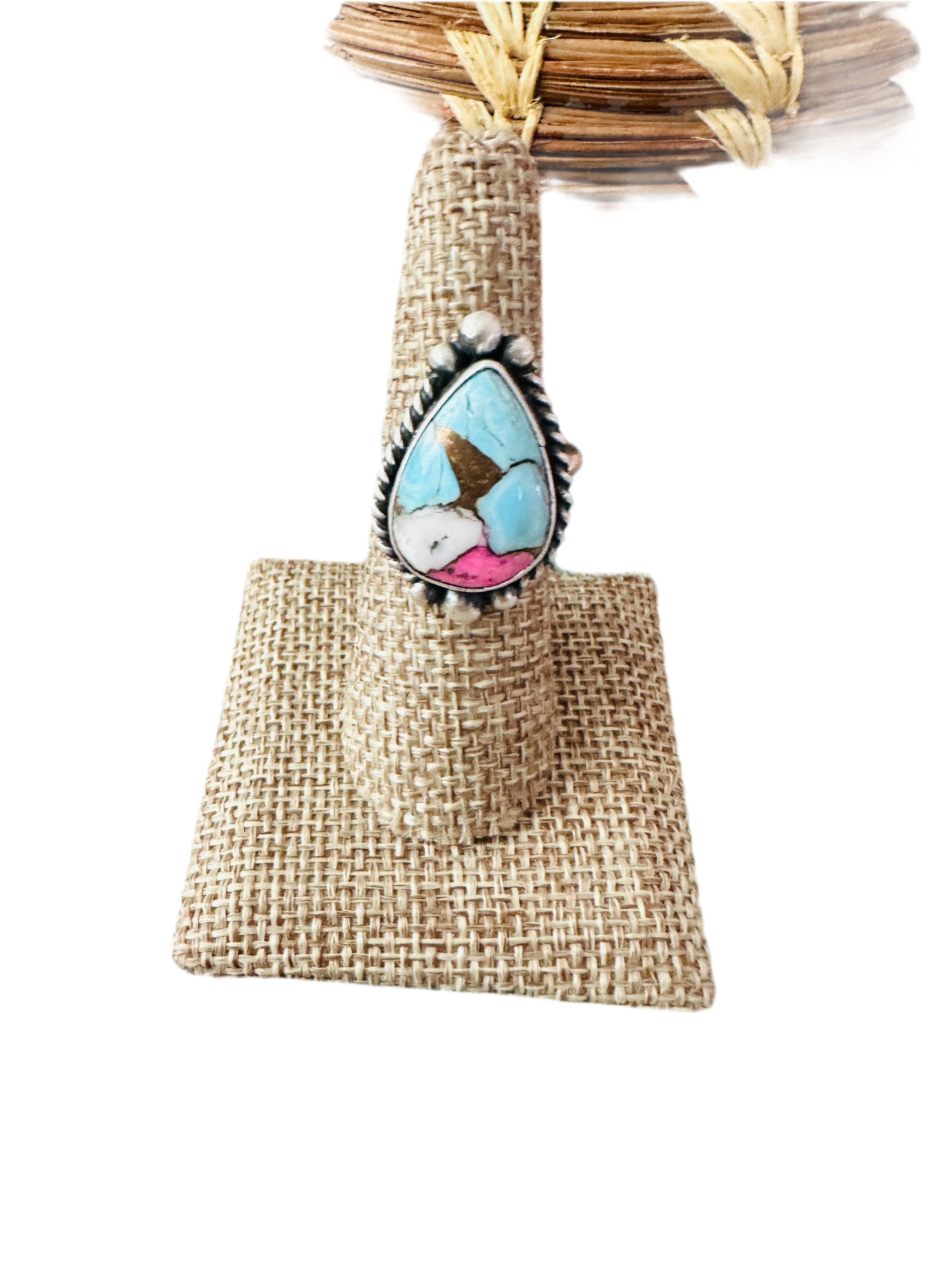 Handcrafted Sterling Silver & Cotton Candy Teardrop Adjustable Ring