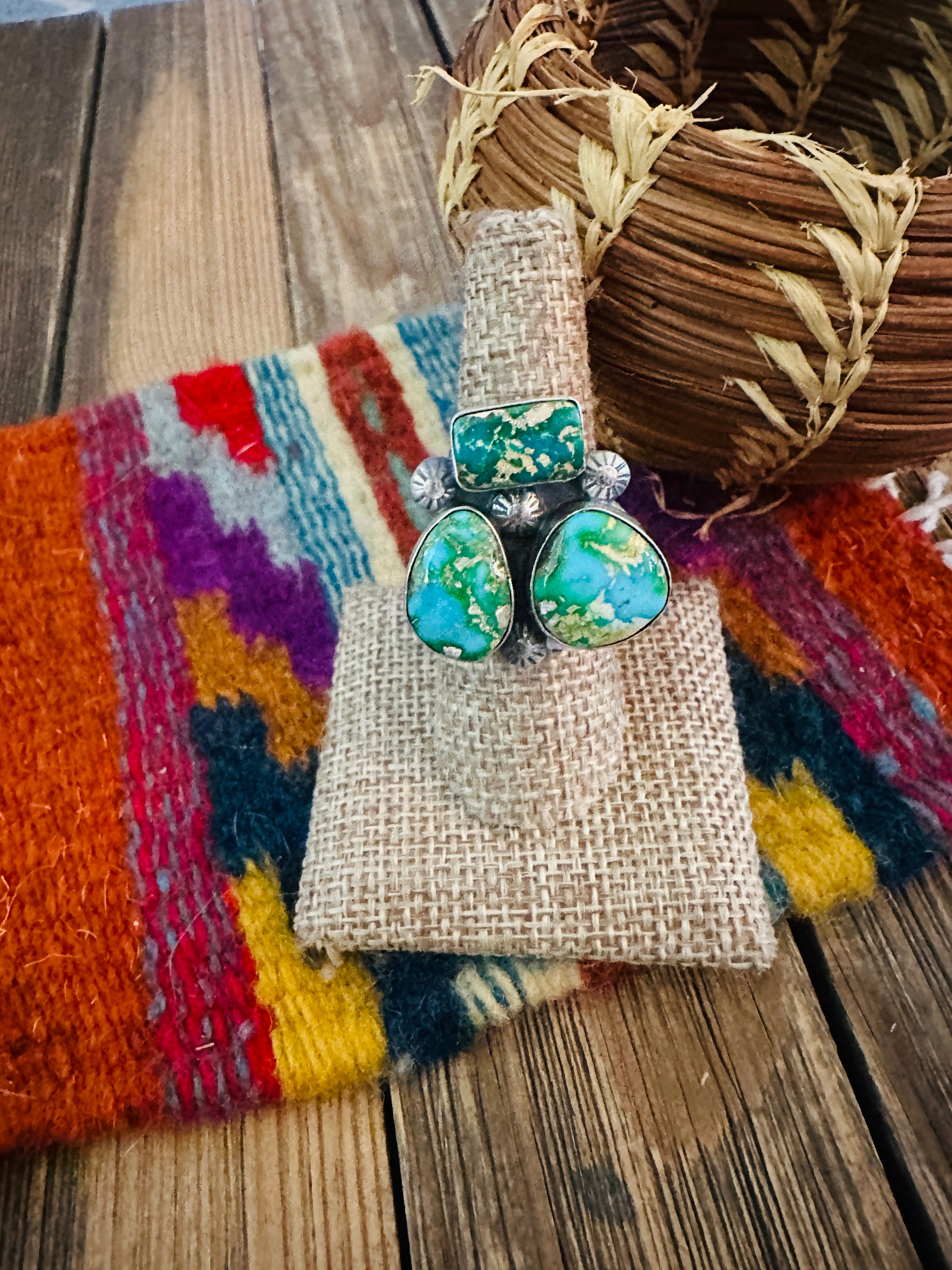 Handcrafted Sonoran Mountain Turquoise & Sterling Silver Adjustable Cluster Ring