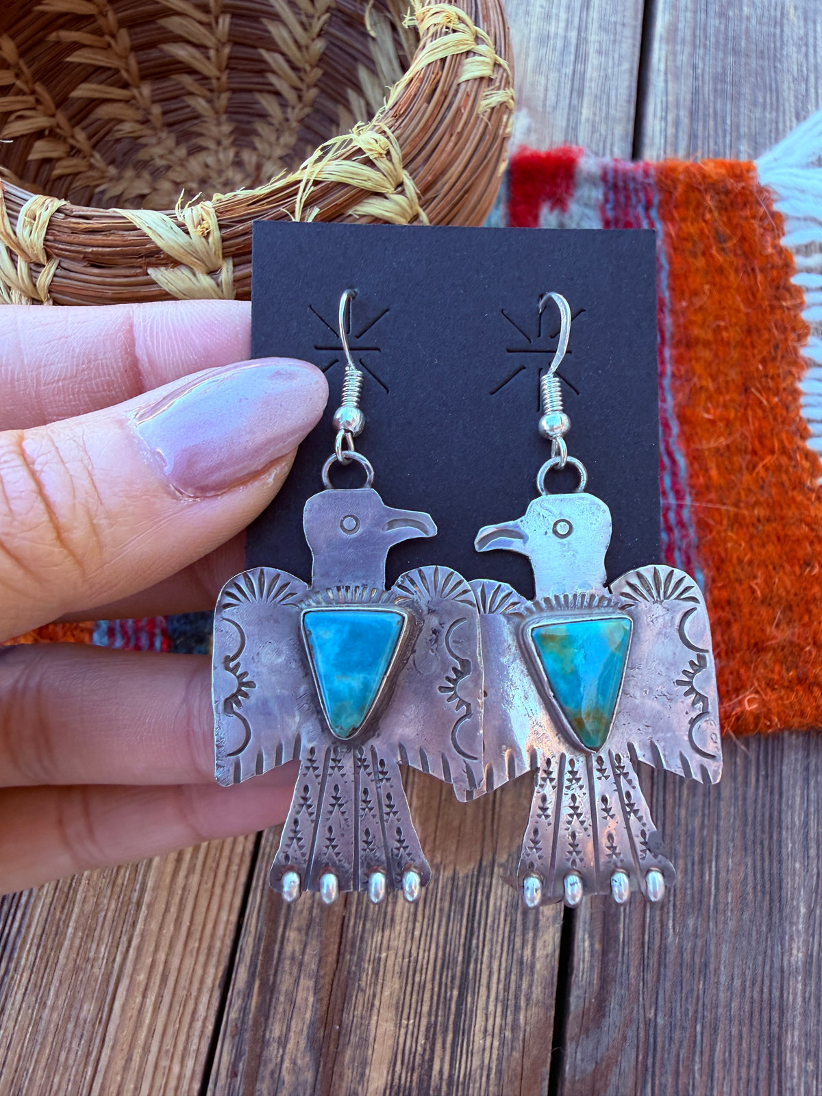 Handcrafted Sterling Silver & Turquoise Thunderbird Dangle Earrings by Vernon Begay