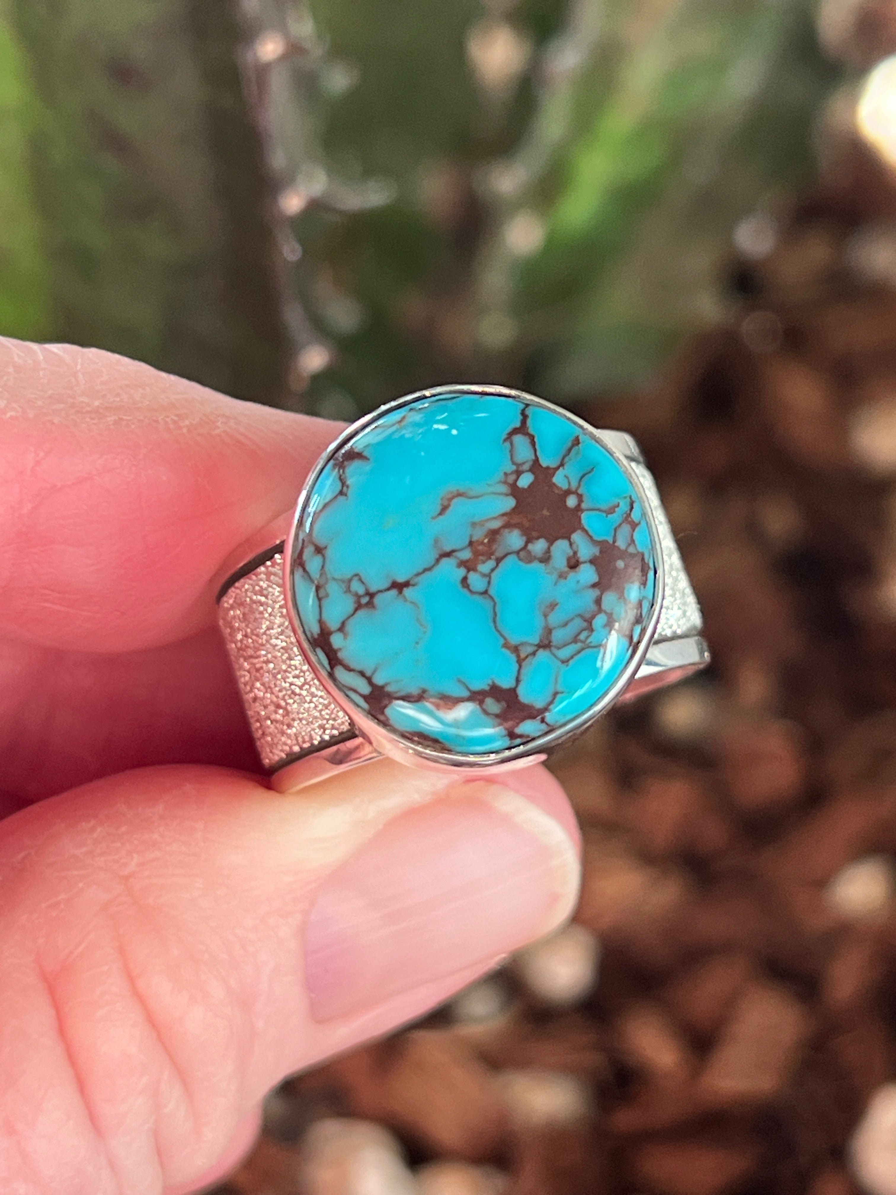 Handcrafted Sterling Silver Wide Shank Ring with Egyptian Turquoise by Shaun Rogers, Size 10.75