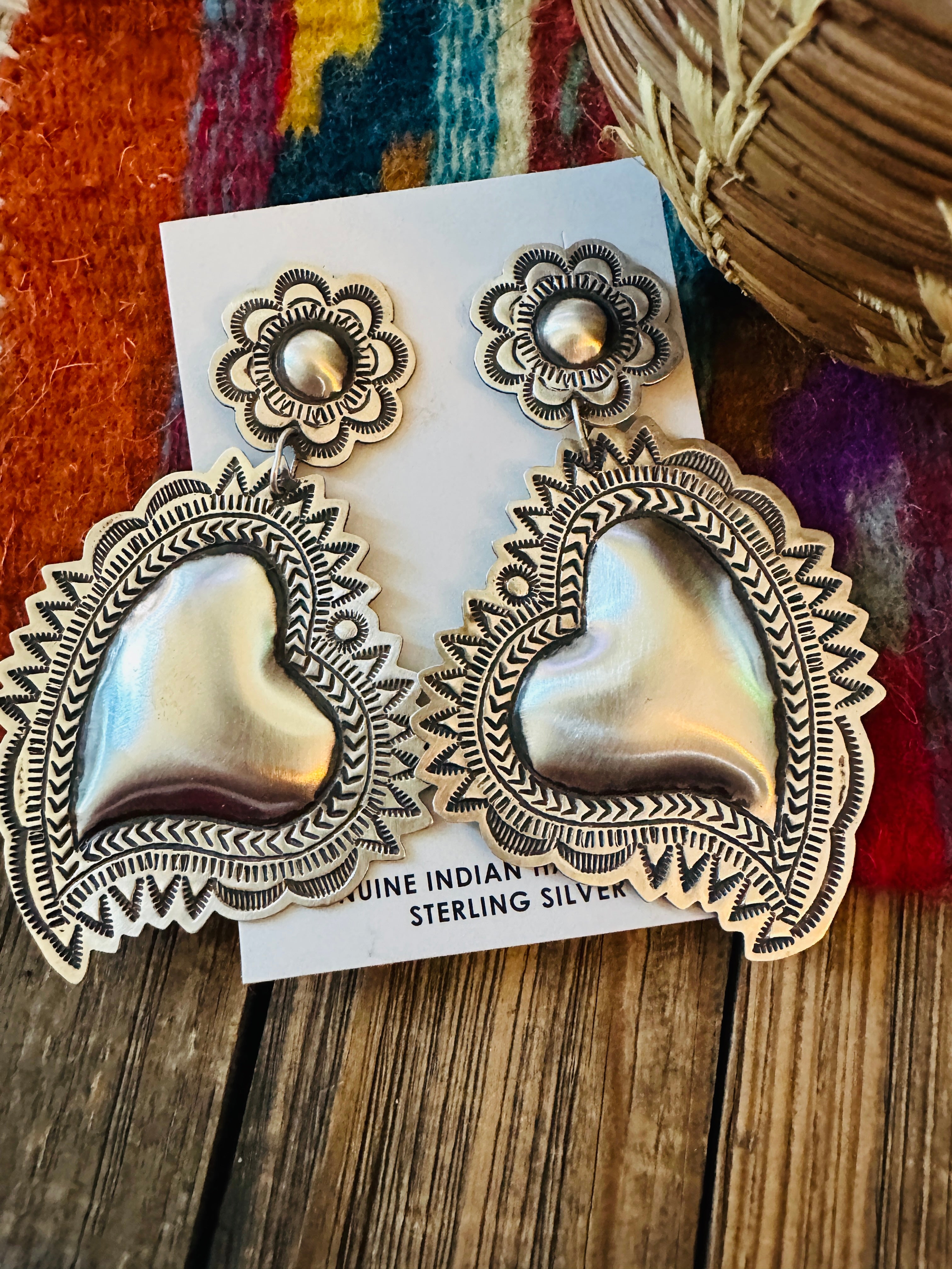 Handcrafted Sterling Silver Concho Heart Dangle Earrings by Leander Tahe