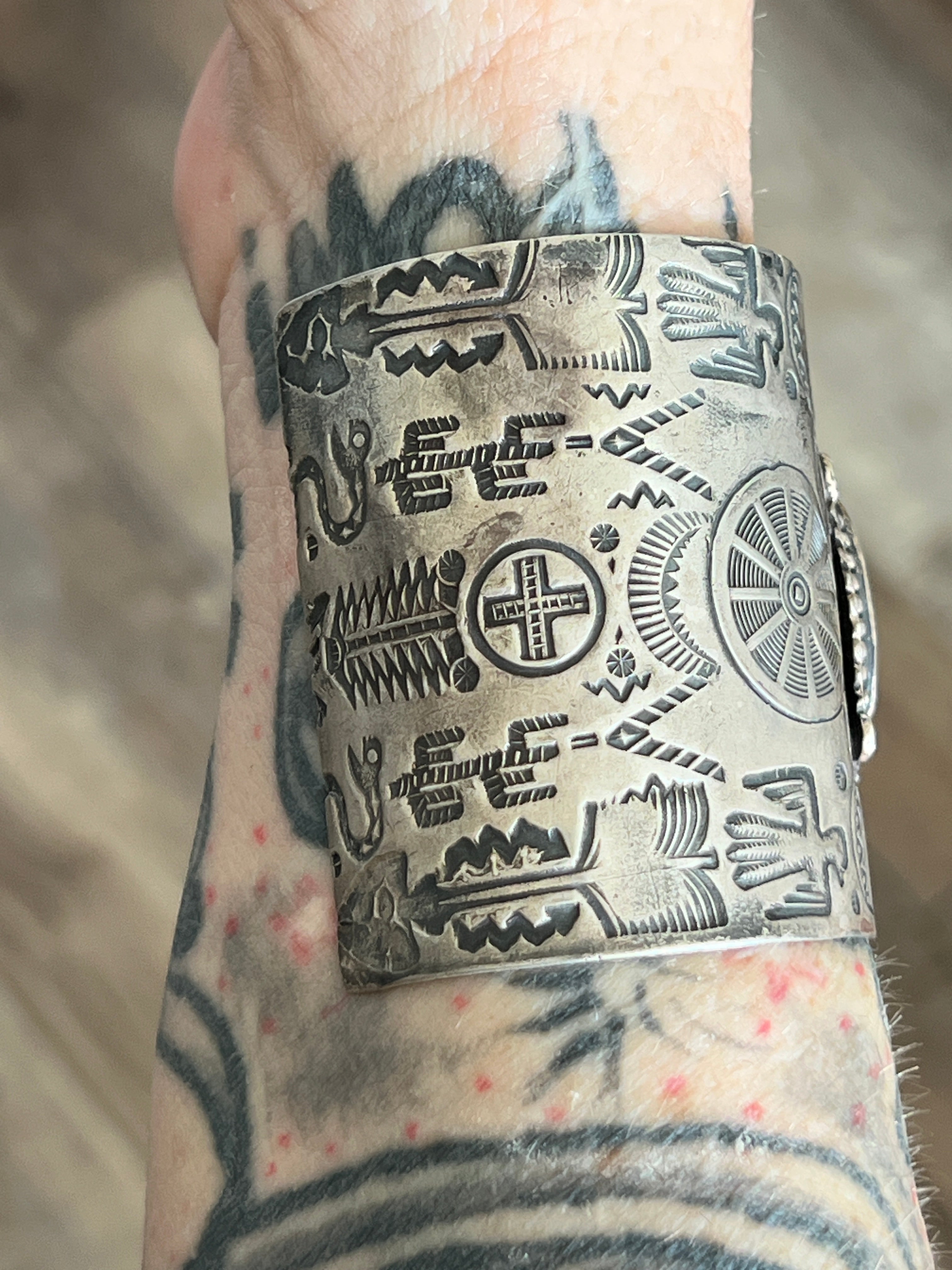 Handcrafted Vintage Fred Harvey Era Symbolic Collage TurquoiseSterling Silver Cuff Bracelet